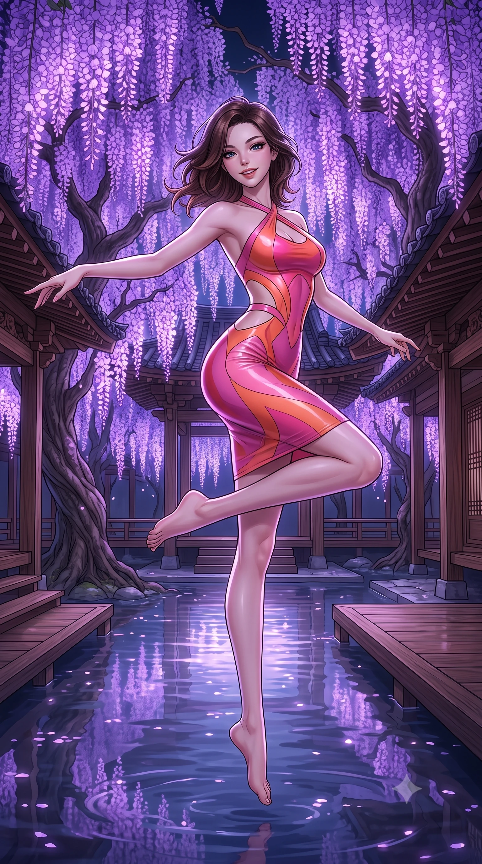 score_9, masterpiece, best quality, ultra-detailed, high-budget anime keyframe, editorial fashion photography, tasteful artistic composition, Korean woman. low angle full-body shot from head to toe showing her feet, filling the entire 9:16 vertical frame with her statuesque presence, stretching her vertical silhouette. pirouetting mid-air with a playful grin inside in a traditional wooden shrine courtyard surrounded by giant wisteria trees with glowing purple flowers hanging over a calm, reflecting river. She has a statuesque 8.5-heads proportion, an exceptionally tall, slender and willowy model-like build with impossibly long legs and a highly sculpted ultra-slim waist. sharp v-shaped jawline, high-bridge nose, intricate jewel-like eyes with depth, thick eyelashes, glossy lips with a natural sheen. wearing a latex-effect bodycon dress in a pink and orange color-block, featuring side torso cutouts and a halter neckline. soft purple bioluminescent light from the flowers casting gentle reflections on the water and wooden structures. 2k, ultra detail, master piece, 9:16 ratio