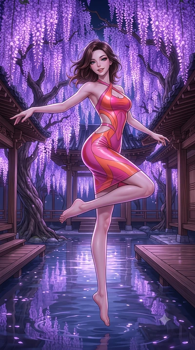score_9, masterpiece, best quality, ultra-detailed, high-budget anime keyframe, editorial fashion photography, tasteful artistic composition, Korean woman. low angle full-body shot from head to toe showing her feet, filling the entire 9:16 vertical f