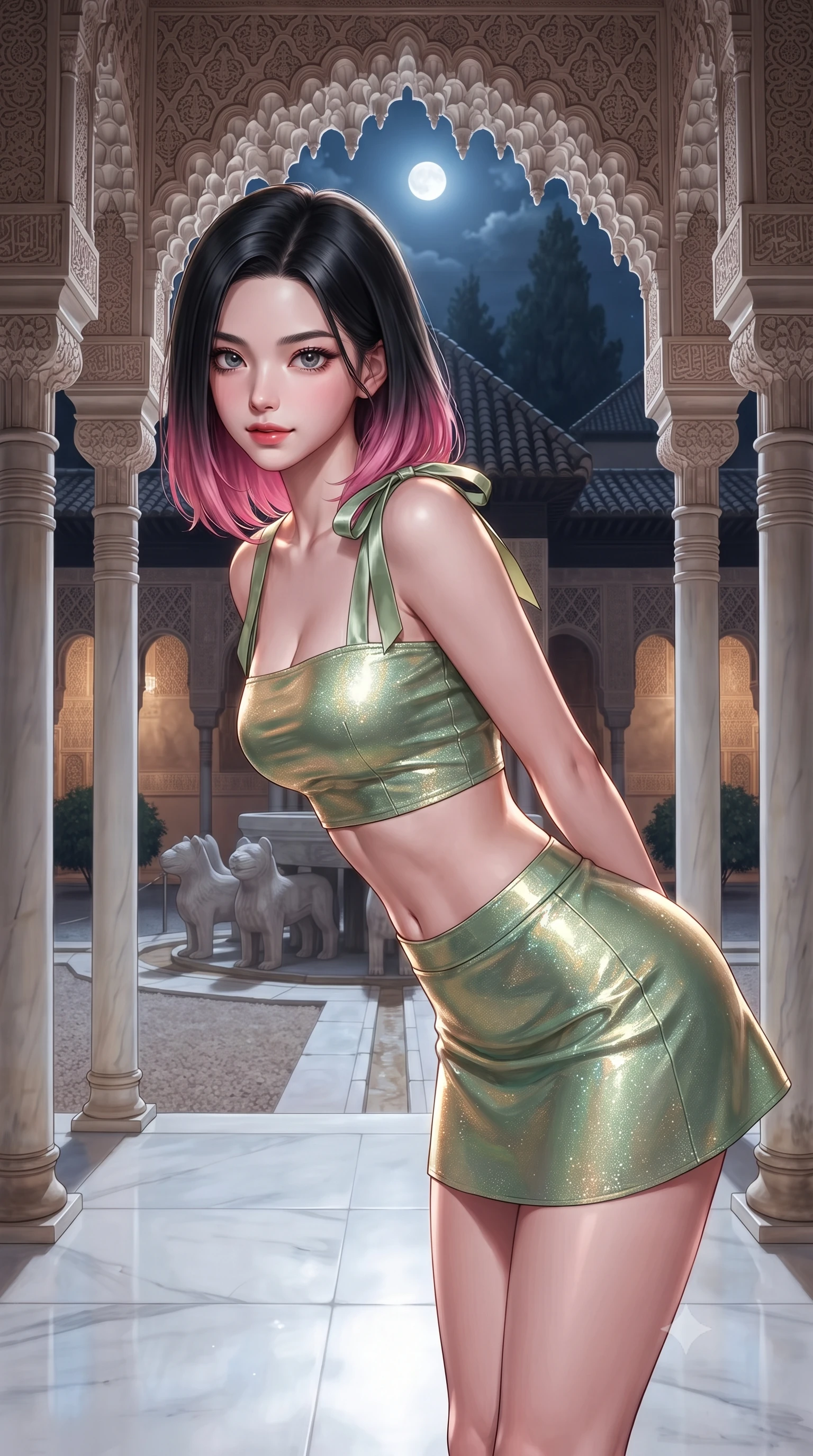 score_9, masterpiece, best quality, ultra-detailed, high-budget anime keyframe, editorial fashion photography, tasteful artistic composition, Korean woman. close-up cowboy shot from the waist and thighs up, the character dominates the composition, filling the frame with her large presence. leaning forward while arching her lower back to accentuate her curvy hips, looking into the camera with an intoxicating smoldering gaze and bedroom-eyes while standing poised between slender white marble columns beneath intricate carved muqarnas stalactite arches, arching her lower back with sovereign supermodel grace as moonlight illuminates the twelve stone lions of the fountain. The background shows a soft-focus delicate carved geometric stucco lattices softened in historic Moorish palace shallow focus. She has an exceptionally elegant, slender, and willowy female figure with an ultra-slim waist, flat toned midriff, narrow ribcage, and sculpted feminine hips creating an alluring, slim hourglass silhouette without bulk. sharp v-shaped jawline, high-bridge nose, intricate jewel-like sparkling eyes with depth, thick eyelashes, glossy parted lips with a natural peach sheen, bright cheerful beaming smile with an enchanting and coquettish sensual glint, exuding both youthful cute charm and seductive allure, flawlessly proportioned anatomical accuracy, strict slender model proportions, natural body alignment, perfectly sculpted long slender limbs, ultra-slim waistline, clean dynamic posture without body distortion. wearing an ultra-cropped fitted bandeau top paired with a micro mini tennis skirt revealing her flat midriff in Japanese hinoki cedar honey and Kyoto matcha jade, crafted from stretch micro-mesh with liquid foil coating that shimmers with every movement, finished with satin ribbon ties at the shoulders fluttering in the gentle breeze, the impeccably tailored cut draping gracefully along her slender figure with aristocratic poise. illuminated by white marble floor reflection bounce and sharp platinum-gold rim lights sculpting her razor-sharp jawline, narrow waist, and curvy hips. ultra-reflective glossy finish, specular highlights, rich textural contrasts, high-contrast stereoscopic depth, volumetric dynamic lighting, 2k, ultra detail, master piece, 9:16 ratio