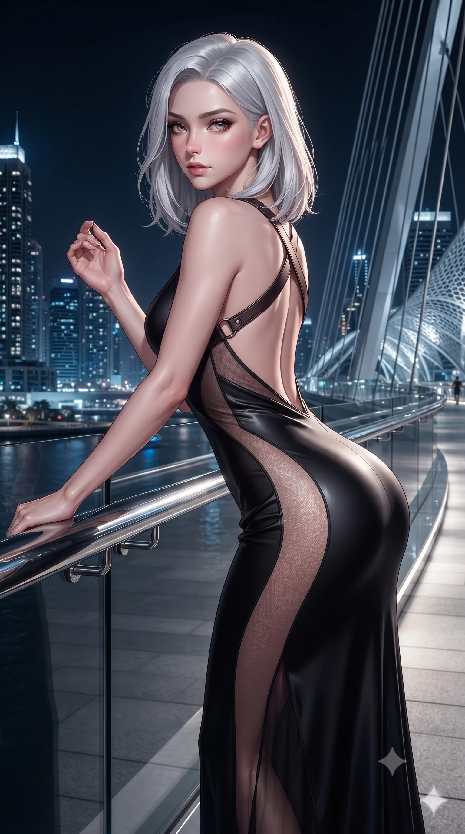 score_9, masterpiece, best quality, ultra-detailed, high-budget anime keyframe, editorial fashion photography, tasteful artistic composition, Korean woman. close-up cowboy shot from the waist and thighs up, the character dominates the composition, filling the frame with her large presence. leaning forward against the polished railing with her hips cocked back, creating an intoxicating curve from her narrow waist to sculpted hips as she gazes back into the lens while standing poised at the center of the illuminated suspension bridge, twisting her slender torso in an alluring S-curve while looking toward the Marina skyline. The surrounding environment is rendered in vivid detail and crisp panoramic clarity. sharp skyway glass panel joints, stainless steel suspension cables, and futuristic architectural mesh in deep focus. She has an exceptionally elegant, slender, and willowy female figure with an ultra-slim waist, flat toned midriff, narrow ribcage, and sculpted feminine hips creating an alluring, slim hourglass silhouette without bulk. sharp v-shaped jawline, high-bridge nose, intricate jewel-like eyes with depth, thick eyelashes, glossy parted lips with a natural sheen, intensely captivating and seductive bedroom-eyes expression, flawlessly proportioned anatomical accuracy, strict slender model proportions, natural body alignment, perfectly sculpted long slender limbs, ultra-slim waistline, clean dynamic posture without body distortion. wearing a second-skin black silk jersey maxi dress with asymmetrical sheer mesh side panels tracing the full curve of her hip in dusky blush rose and champagne shimmer, woven from layered gossamer chiffon with a weightless sweeping drape, featuring an open-back criss-cross harness strap in dark leather, the glove-like aerodynamic silhouette tightly following the natural contour of her hips and long slender legs with statuesque 8.5-heads elegance. illuminated by wet specular glass bounce lights sculpting her toned waistline, slender spine, and feminine hips. ultra-reflective glossy finish, specular highlights, rich textural contrasts, high-contrast stereoscopic depth, volumetric dynamic lighting, 2k, ultra detail, master piece, 9:16 ratio