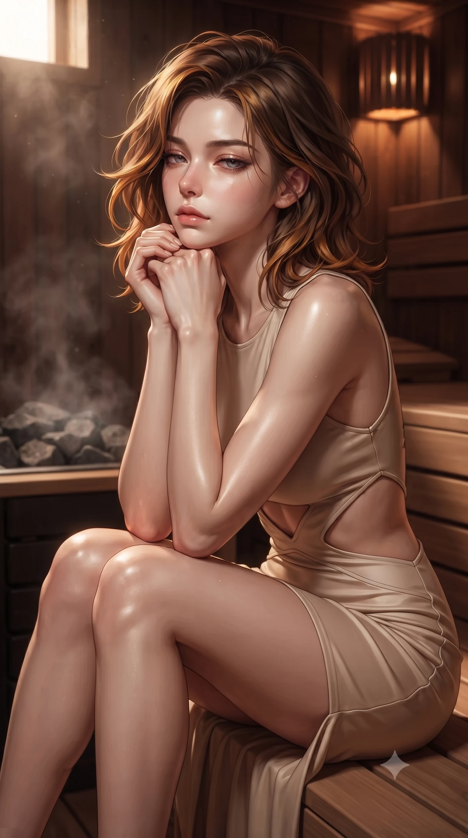 score_9, masterpiece, best quality, ultra-detailed, high-budget anime keyframe, editorial fashion photography, tasteful artistic composition, Korean woman woman. close-up cowboy shot from the waist and thighs up, the character dominates the composition, filling the frame with her large presence, background elements kept in soft focus. resting her chin on the backs of her fingers, casting a heavy-lidded, sultry look past the camera the background shows a soft-focus a cozy private sauna built of dark cedarwood with hot stones venting steam softly. She has an exceptionally elegant, slender, and willowy female figure with an ultra-slim waist, a gracefully sculpted slender torso, and a refined silhouette. sharp v-shaped jawline, high-bridge nose, intricate jewel-like eyes with depth, thick eyelashes, glossy lips with a natural sheen. wearing a form-contouring summer vacation dress in soft beige with dramatic architectural waist cutouts and a low back. warm low-key amber lights highlighting the glossy textures on her skin. ultra-reflective glossy finish, specular highlights, metallic sheen, high-contrast stereoscopic depth, volumetric dynamic lighting, 2k, ultra detail, master piece, 9:16 ratio