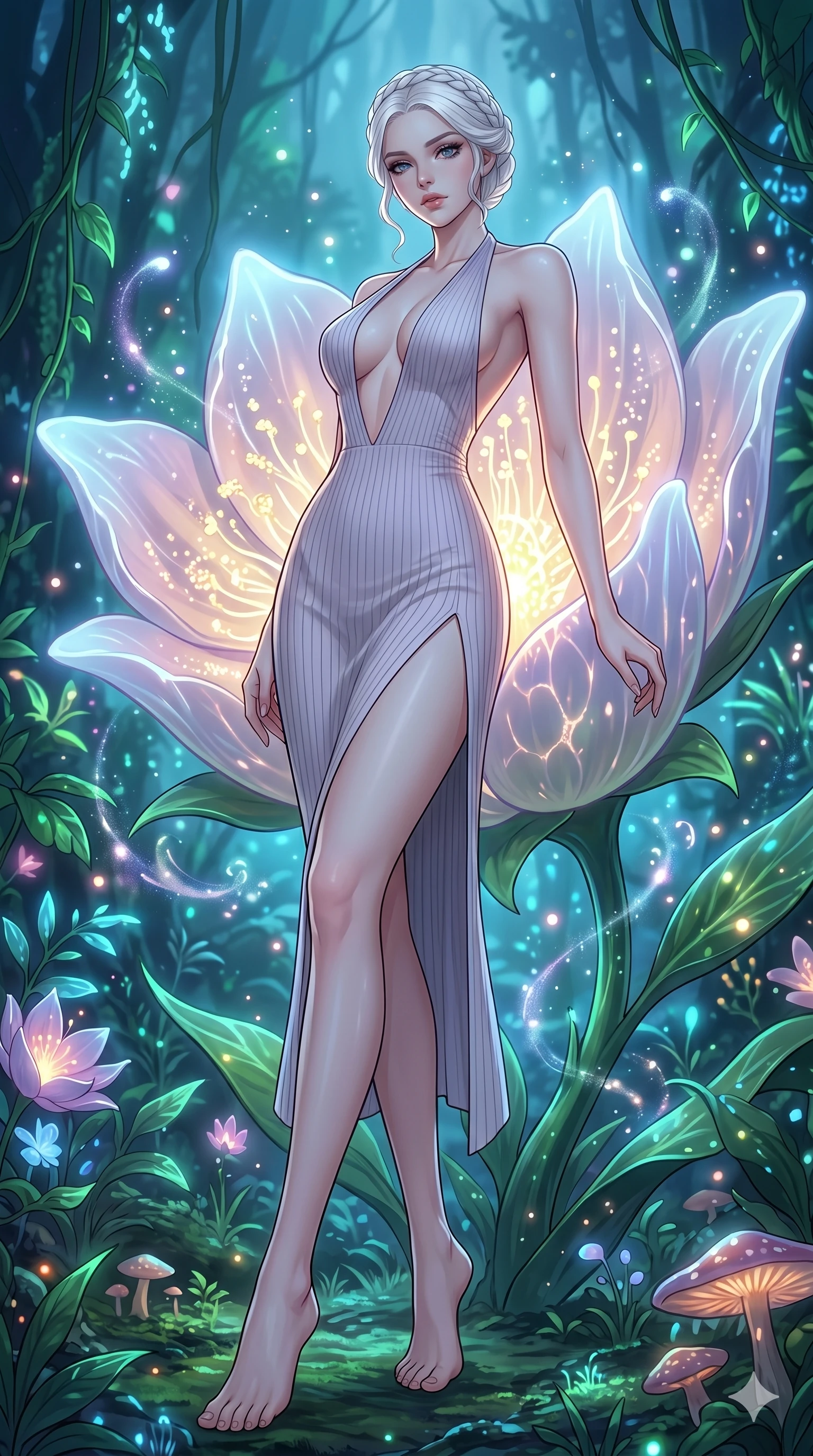 score_9, masterpiece, best quality, ultra-detailed, High-budget Anime Keyframe, vibrant colors, fluid line-art, expressive lighting, cinematic composition, Ufotable-style visual effects, top-tier animation quality, Caucasian woman with pale skin and refined features. Low angle cowboy shot filling the entire 9:16 frame with her statuesque presence, looking up to emphasize her height. Resting against a giant glowing flower that emits a soft, pulse-like light. She has an absolutely perfect 8-heads proportion, an exceptionally tall and slender female figure with impossibly long slender legs and an ultra-slim waist, her statuesque height and towering silhouette dominating the vertical 9:16 frame. Her face is a masterpiece featuring a sharp v-shaped jawline, high-bridge nose, intricate jewel-like eyes with depth, thick eyelashes, and glossy lips with a natural sheen. She is wearing a Ribbed knit bodycon midi dress with a deep-V neck halter top, featuring an exposed midriff and a dangerous high slit.. The scene is set in a bioluminescent jungle where every leaf and flower glows with a unique frequency. 2k, ultra detail, master piece, 9:16 ratio