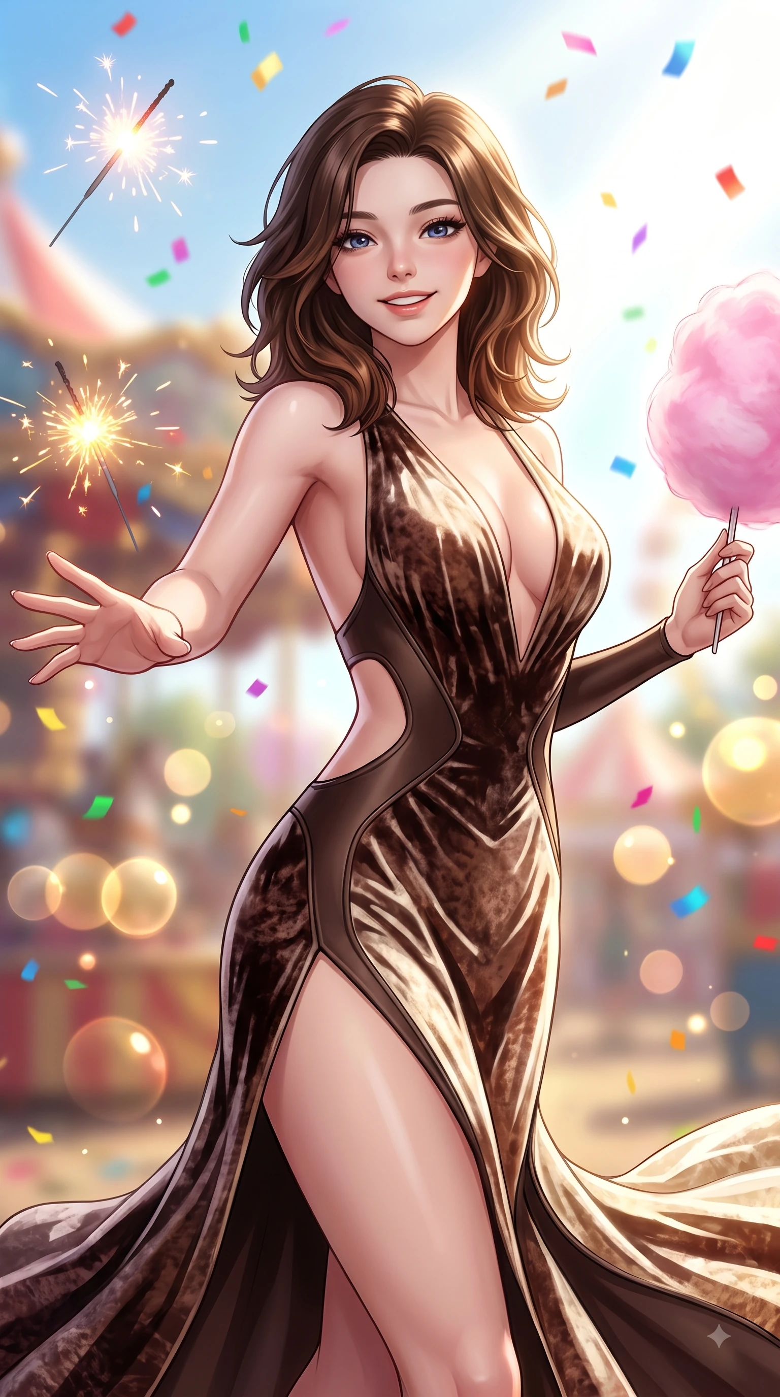 score_9, masterpiece, best quality, ultra-detailed, high-budget anime keyframe, editorial fashion photography, tasteful artistic composition, Korean woman. close-up cowboy shot from the waist and thighs up, the character dominates the composition, filling the frame with her large presence, background elements kept in soft focus. Enchanting happy smile, her eyes twinkling like jewels in the bright sunlight as one arm reaches out playfully while pivoting in a cheerful dynamic stride with a cotton candy orb in hand and beaming eyes, floating sparklers and carnival confetti adding festive, happy energy to the air. She has an exceptionally elegant, slender, and willowy female figure with an ultra-slim waist, a gracefully sculpted slender torso, and a refined silhouette. sharp v-shaped jawline, high-bridge nose, intricate jewel-like eyes with depth, thick eyelashes, glossy lips with a natural sheen, flawlessly proportioned anatomical accuracy, natural body alignment, perfectly sculpted elegant limbs, clean dynamic posture without body distortion. wearing a backless crushed velvet gown with a deep V-neckline and high thigh slit in espresso brown and warm cream, formed from sleek second-skin neoprene, featuring clean architectural cutouts along her slender torso, the sleek second-skin texture accentuating her magnetic presence. illuminated by cheerful festive backlighting with soft golden bokeh bubbles. highly saturated vibrant anime colors, detailed shading with soft gradients, rich glossy textures, high-contrast stereoscopic depth, volumetric dynamic lighting, master piece, 9:16 ratio