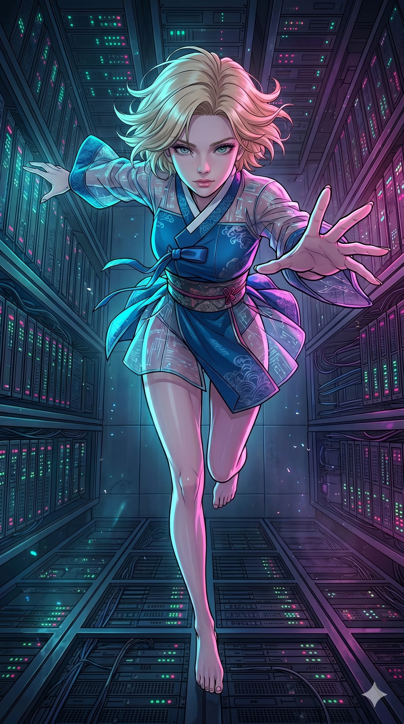 score_9, masterpiece, best quality, ultra-detailed, high-budget anime movie keyframe, cinematic anime lighting, intricate line art, Japanese woman. Extreme high angle shot as she leaps towards the camera, filling the frame. navigating a maze of server racks in a cold, dark data center. She has an absolutely perfect 8-heads proportion, an exceptionally tall and slender female figure with graceful and slender proportions. strictly human anatomy, two legs only, no extra limbs, clearly defined legs and arms, perfect anatomy, perfect hands and fingers. sharp v-shaped jawline, high-bridge nose, intricate jewel-like eyes, thick eyelashes, glossy lips. Wearing Modern Traditional: Shortened cyber-hanbok with fusion silk robes and transparent panels. The scene is illuminated by dramatic atmospheric lighting and vibrant color palettes. , 2k, ultra detail, master piece, 9:16 ratio