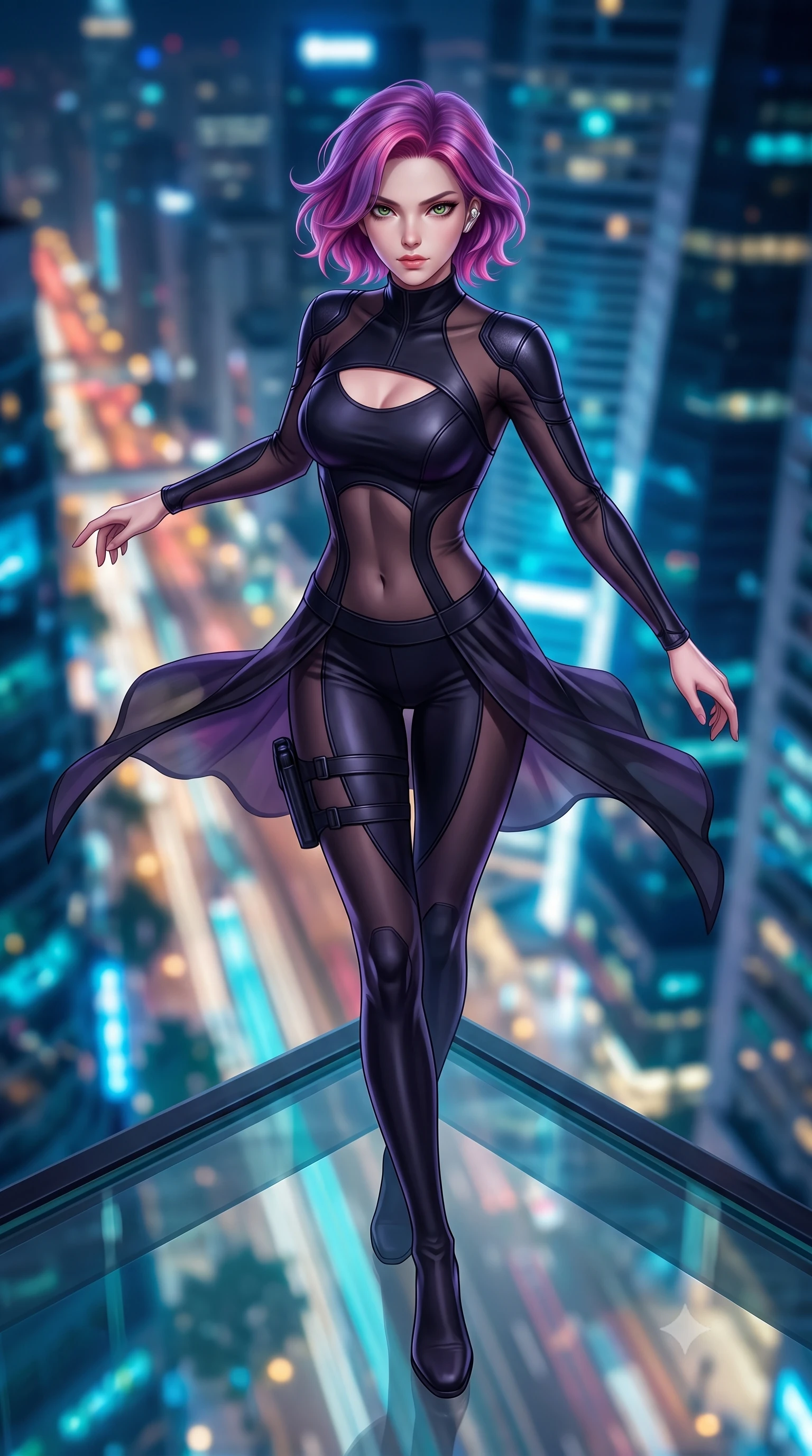 score_9, masterpiece, best quality, ultra-detailed, high-budget anime keyframe, semi-realistic 3D game render, editorial fashion photography, tasteful artistic composition, Caucasian woman. low angle full-body shot from head to toe showing her feet, filling the entire 9:16 vertical frame with her statuesque presence, stretching her vertical silhouette. executing an elegant mid-motion spin with effortless grace, her garments fluttering softly around her ultra-slim waistline while standing poised on a transparent structural glass floor overlooking the dizzying vertical abyss of a neon metropolis at 3 AM. The composition keeps background elements in soft focus with creamy bokeh. dizzying vertical cityscape traffic light trails and neon skyscrapers far below blurred into sapphire, cyan, and gold bokeh. She has an absolutely perfect, statuesque 8.5-heads proportion, an exceptionally tall and slender model-like female figure with impossibly long slender legs, a toned flat midriff, and an ultra-slim waist. sharp v-shaped jawline, high-bridge nose, intricate jewel-like eyes with depth, thick eyelashes, glossy lips with a natural sheen, captivating and magnetic expression, flawlessly proportioned anatomical accuracy, strict slender model proportions, natural body alignment, perfectly sculpted long slender limbs, ultra-slim waistline, clean dynamic posture without body distortion. wearing a high-mobility tactical jumpsuit featuring sheer contouring mesh panels and reinforced shoulders in shadow black with subtle deep violet undertones, crafted from flexible ballistic matte leather and ultra-sleek stretch neoprene, accessorized with a sleek concealed garter holster and pearl ear transmitter, the precision-cut daring openings accentuating her delicate midriff, graceful bare collarbones, and ultra-slim feminine waistline. surrounded by a mastermind, elite, and dangerously seductive intelligence director aura. highly saturated vibrant anime colors, detailed shading with soft gradients, rich glossy textures, high-contrast stereoscopic depth, volumetric dynamic lighting, master piece, 9:16 ratio