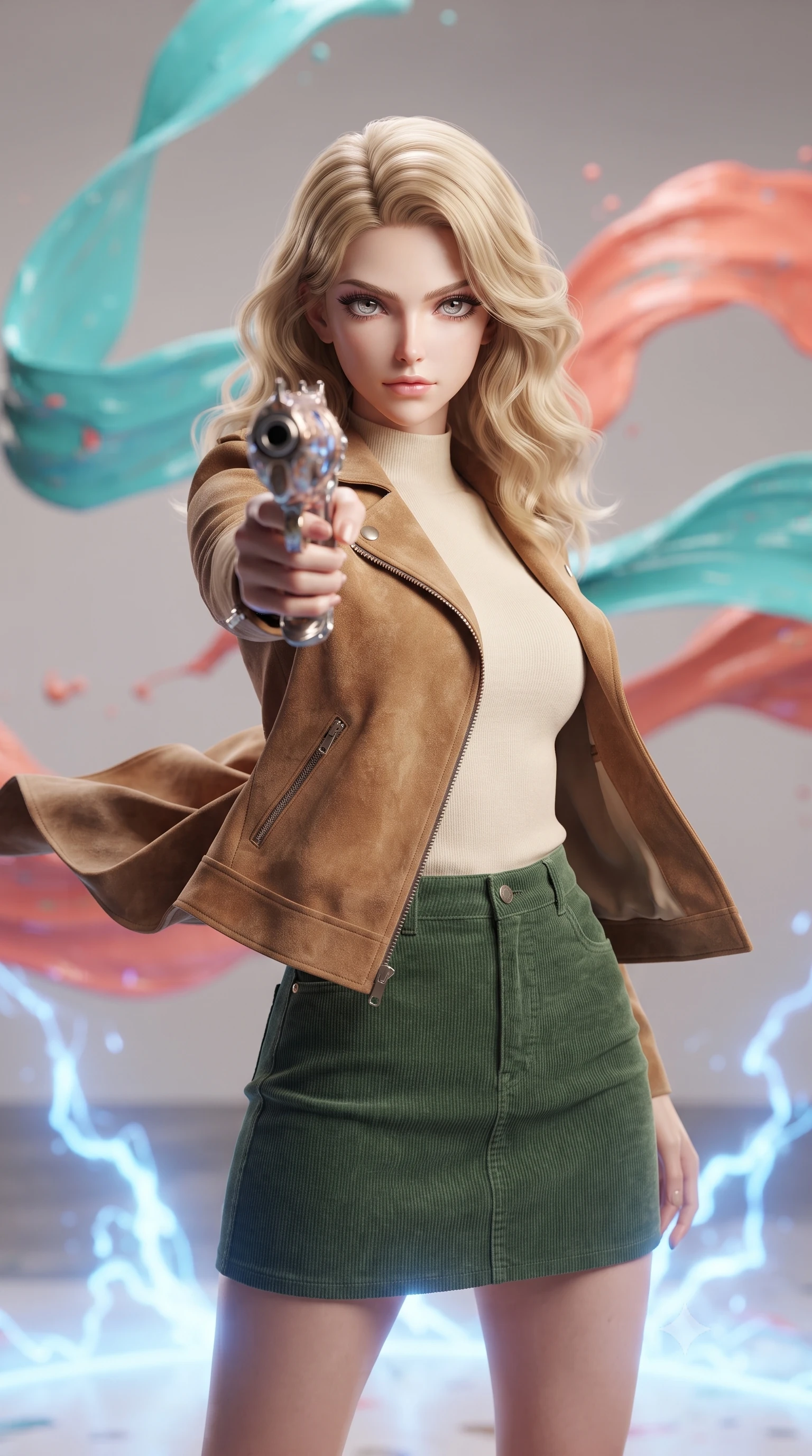 score_9, masterpiece, best quality, ultra-detailed, high-budget anime keyframe, editorial fashion photography, tasteful artistic composition, realistic cosplay photography, Caucasian woman, strictly human ears. close-up cowboy shot from the waist and thighs up, the character dominates the composition, filling the frame with her large presence, background elements kept in soft focus. Pointing a weapon directly past the lens with a calm, dominant gaze of superiority. set against a soft-focus background of a space where waves of thick, wet acrylic paint in turquoise and coral are sweeping across the air like fluid ribbons. She has an exceptionally elegant and slender, willowy female figure with an ultra-slim waist, a gracefully sculpted slender torso, and a refined slim physique. sharp v-shaped jawline, high-bridge nose, intricate jewel-like eyes with depth, thick eyelashes, glossy lips with a natural sheen. wearing the lightweight fabric rippling and billowing dramatically with her movement, a form-contouring rustic tan suede jacket over a cream mock-neck top and a forest green corduroy mini skirt. pulsing electric blue plasma arc lighting rising dramatically from below. ultra-reflective glossy finish, specular highlights, metallic sheen, high-contrast stereoscopic depth, volumetric dynamic lighting, 2k, ultra detail, master piece, 9:16 ratio