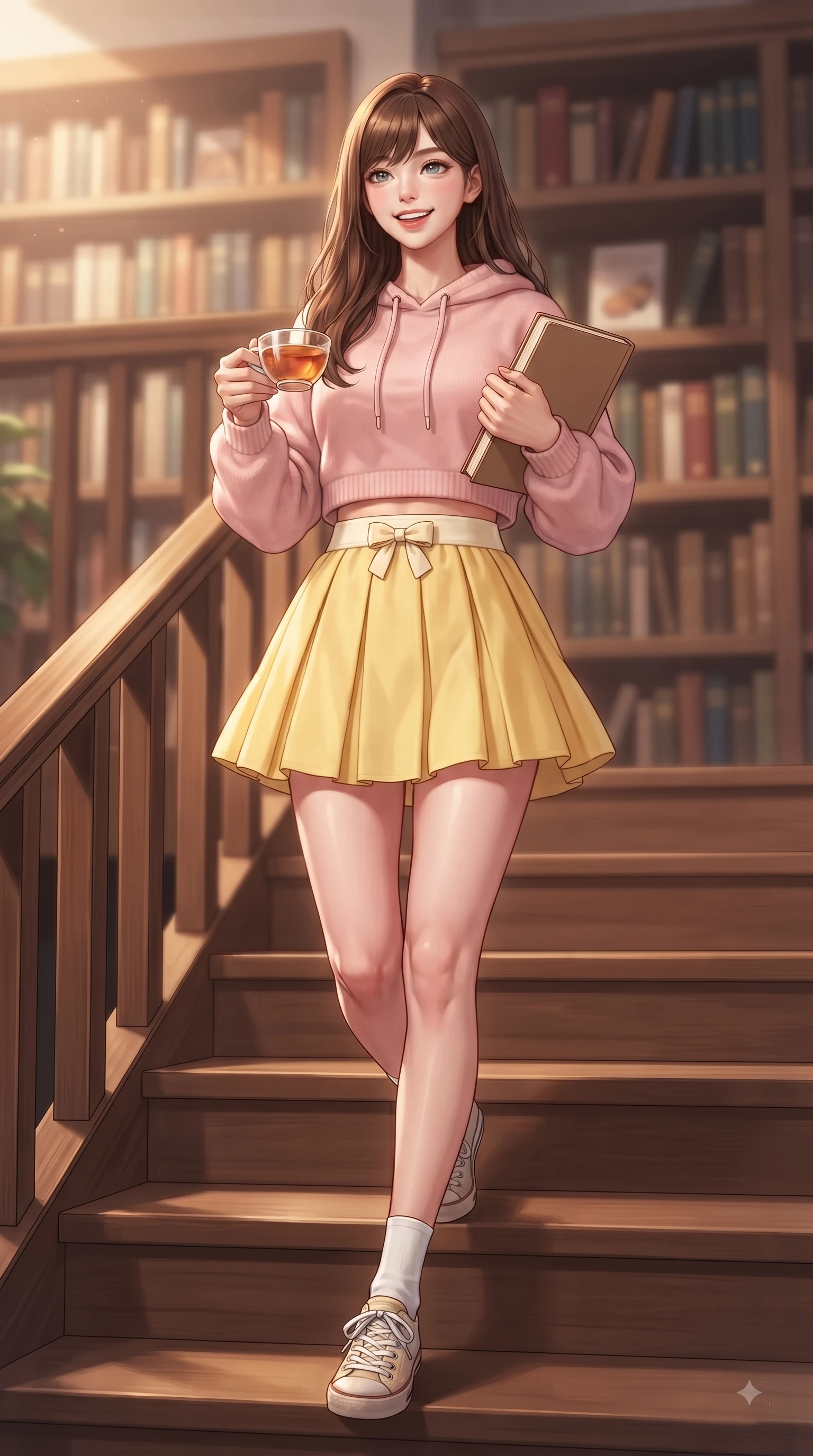score_9, masterpiece, best quality, ultra-detailed, high-budget anime keyframe, editorial fashion photography, tasteful artistic composition, Korean woman. low angle full-body shot from head to toe showing her feet, filling the entire 9:16 vertical frame with her statuesque presence, stretching her vertical silhouette. walking forward in a proud dynamic stride with a cheerful beaming smile, her vertical silhouette filling the frame while stepping down a polished wooden staircase carrying a cup of tea and a notebook with joyful grace. The composition keeps background elements in soft focus with dreamy bokeh. rows of classic hardcover books creating a warm, comforting blurred background depth. She has an absolutely perfect, statuesque 8.5-heads proportion, an exceptionally tall and slender model-like female figure with impossibly long slender legs and an ultra-slim waist. sharp v-shaped jawline, high-bridge nose, intricate jewel-like eyes with depth, thick eyelashes, glossy lips with a natural sheen, flawlessly proportioned anatomical accuracy, natural body alignment, perfectly sculpted elegant limbs, clean dynamic posture without body distortion. wearing a cozy pastel-pink hoodie sweater paired with a white tennis skirt in bright butter yellow and fresh cream white, crafted from soft breathable linen, accented with a dainty waist ribbon bow, the breezy lightweight fabric fluttering softly against her delicate frame. surrounded by a cozy, serene, and healing book cafe atmosphere. ultra-reflective glossy finish, specular highlights, metallic sheen, high-contrast stereoscopic depth, volumetric dynamic lighting, 2k, ultra detail, master piece, 9:16 ratio