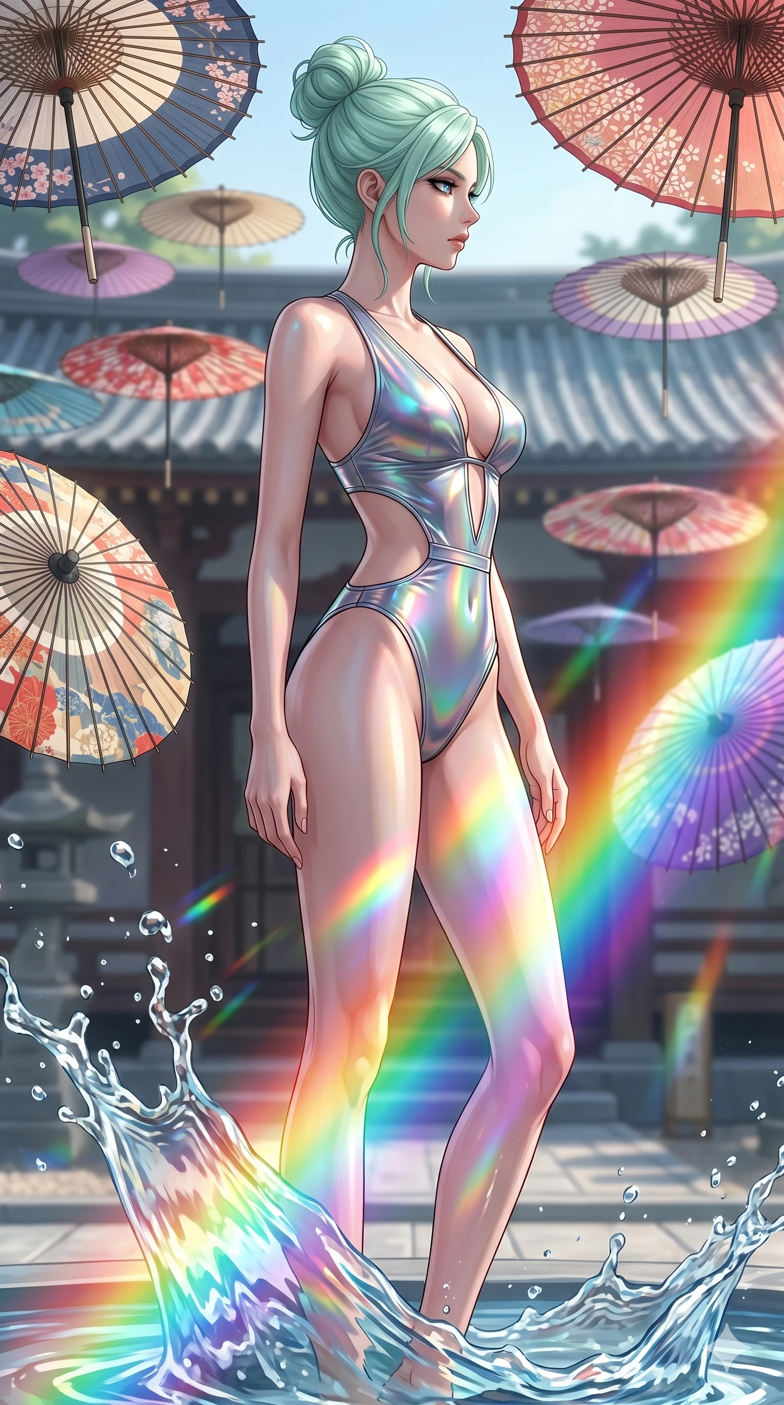 score_9, masterpiece, best quality, ultra-detailed, high-budget anime keyframe, editorial fashion photography, tasteful artistic composition, Japanese woman. cowboy shot from the thighs up, character and outfit filling the frame for maximum editorial presence. standing proud, her face turned in sharp profile, casting a cold and mysterious gaze in a resort courtyard temple with floating decorative paper umbrellas (Code-P19-099). She has an absolutely perfect 8-heads proportion, an exceptionally tall and slender female figure with impossibly long slender legs and an ultra-slim waist. V-shaped jawline, high-bridge nose, intricate jewel-like eyes with depth, thick eyelashes, glossy lips with a natural sheen. wearing a metallic bodysuit with exposed waist and plunging neck for beachwear. cascading rainbow prismatic light refracting through water splash, painting colors on her body. 2k, ultra detail, master piece, 9:16 ratio