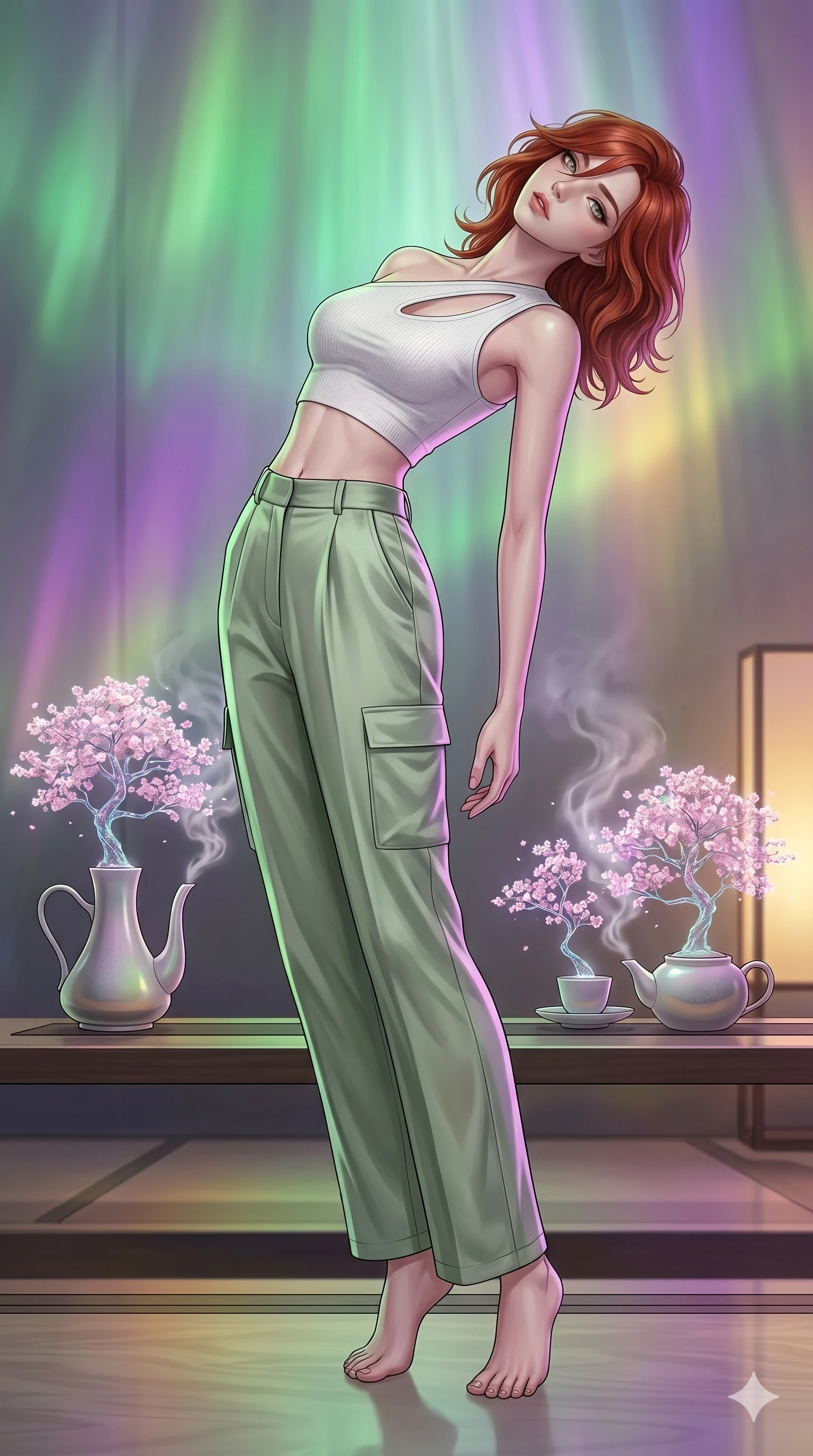 score_9, masterpiece, best quality, ultra-detailed, high-budget anime keyframe, editorial fashion photography, tasteful artistic composition, Korean woman. low angle full-body shot from head to toe showing her feet, filling the entire 9:16 vertical frame with her statuesque presence, stretching her vertical silhouette. Arching her back in a graceful controlled backward pose inside a futuristic tea house where the steam forms tiny holographic cherry blossom trees. She has an absolutely perfect 8-heads proportion, an exceptionally tall and slender female figure with impossibly long slender legs and an ultra-slim waist. V-shaped jawline, high-bridge nose, intricate jewel-like eyes with depth, thick eyelashes, glossy lips with a natural sheen. wearing an asymmetric one-shoulder crop top in white technical knit with a cutout shoulder, paired with high-waist silk-satin utility pants in soft sage green. illuminated by a shifting aurora palette of green, violet, and gold from above, wrapping her in color. 2k, ultra detail, master piece, 9:16 ratio
