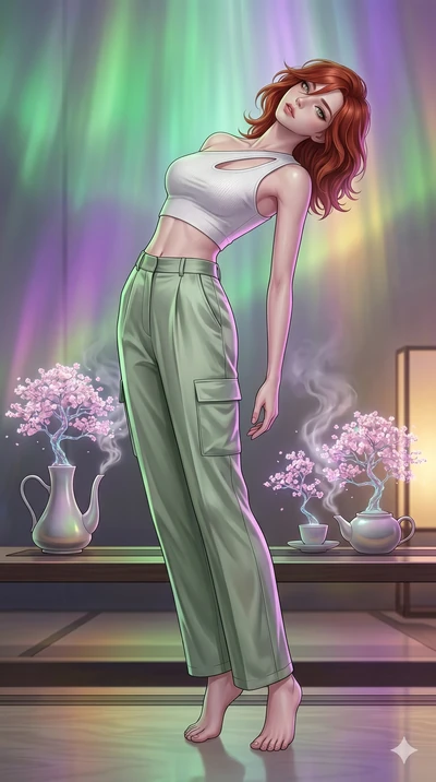 score_9, masterpiece, best quality, ultra-detailed, high-budget anime keyframe, editorial fashion photography, tasteful artistic composition, Korean woman. low angle full-body shot from head to toe showing her feet, filling the entire 9:16 vertical f