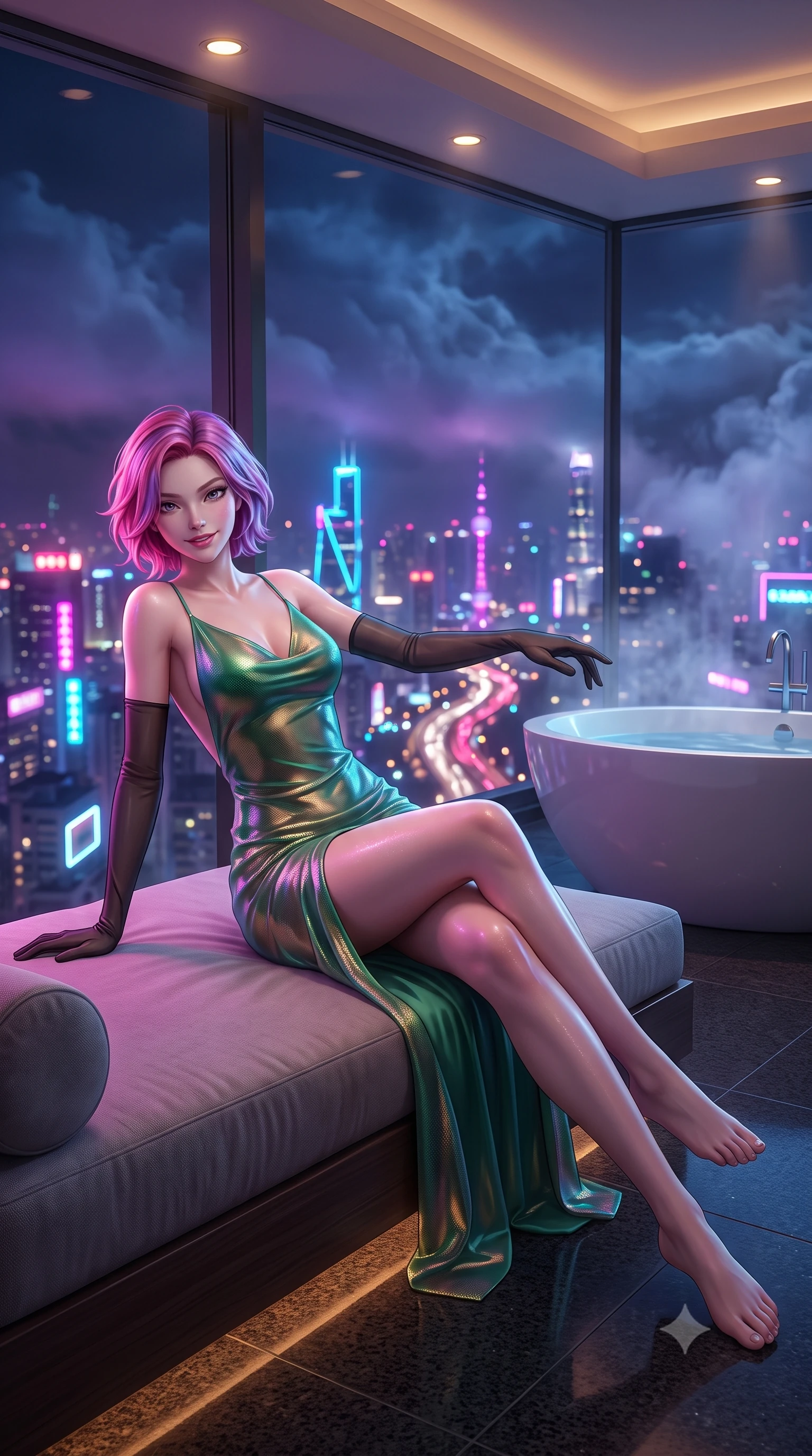 score_9, masterpiece, best quality, ultra-detailed, high-budget anime keyframe, semi-realistic 3D game render, editorial fashion photography, tasteful artistic composition, Caucasian woman. low angle full-body shot from head to toe showing her feet, filling the entire 9:16 vertical frame with her statuesque presence, stretching her vertical silhouette. lounging on the lavish daybed with legs crossed and hips angled toward the camera, displaying her toned midriff and long slender limbs with effortless siren poise while standing poised on the heated dark granite floor beside the freestanding circular soaking tub 90 floors above the city, arching her lower back with breathtaking siren poise as neon mist swirls below. The background shows a soft-focus dizzying grid of illuminated Shanghai avenues far below piercing through swirling nocturnal cloud layers, neon tower spires blurred into magenta, cyan, and gold bokeh. She has an exceptionally tall and slender model-like 8.5-heads proportion, an ultra-slim waist, a flat toned midriff, narrow delicate ribcage, and beautifully sculpted feminine hips creating a graceful, slim hourglass silhouette without any bulky heaviness, with impossibly long slender legs. sharp v-shaped jawline, high-bridge nose, intricate jewel-like sparkling eyes with depth, thick eyelashes, glossy parted lips with a natural peach sheen, bright cheerful beaming smile with an enchanting and coquettish sensual glint, exuding both youthful cute charm and seductive allure, flawlessly proportioned anatomical accuracy, strict slender model proportions, natural body alignment, perfectly sculpted long slender limbs, ultra-slim waistline, clean dynamic posture without body distortion. wearing an alluring backless sheer holographic mesh slip dress with high thigh slit clinging smoothly to her dewy skin in French Concession jade green and gilded bronze, made of fluid liquid jersey with seamless sculpting hold and smooth contours, complemented by sheer opera-length evening gloves tracing her slender arms, the second-skin tailored fabric adhering flawlessly to her sculpted flat midriff and slender torso, emphasizing her long leg lines and perfectly proportioned willowy build. bathed in the dramatic neon ambient of the cyberpunk metropolis contrasted with dim 2800K recessed cove downlights. highly saturated vibrant anime colors, detailed shading with soft gradients, rich glossy textures, high-contrast stereoscopic depth, volumetric dynamic lighting, master piece, 9:16 ratio