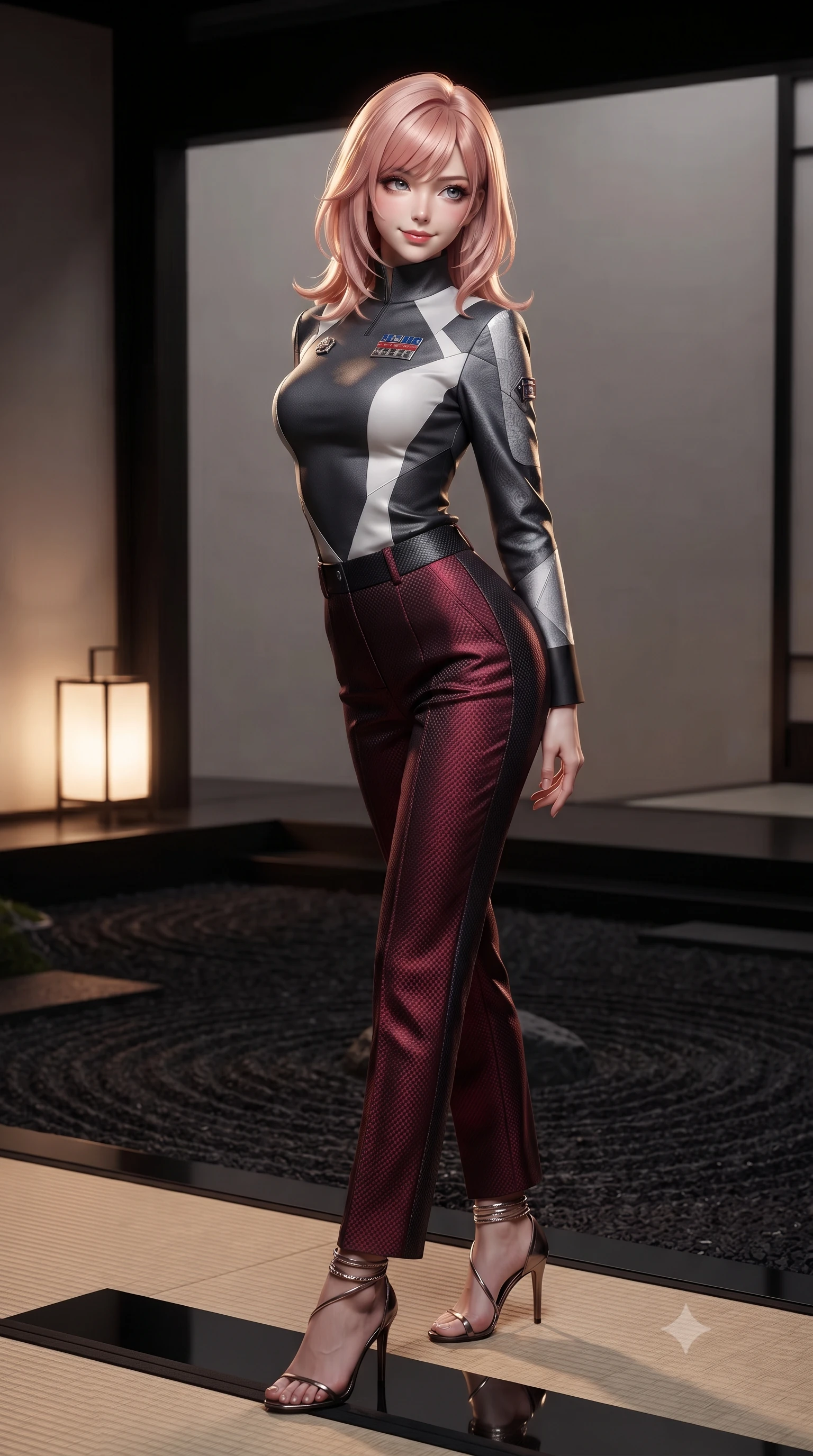 score_9, masterpiece, best quality, ultra-detailed, high-budget anime keyframe, editorial fashion photography, tasteful artistic composition, Japanese woman. low angle full-body shot from head to toe showing her feet, filling the entire 9:16 vertical frame with her statuesque presence, stretching her vertical silhouette. executing a slow, graceful pivot turn as her skirt sways around her slender legs, glancing back with an enchanting, teasing sensual expression while twisting her slender torso in an alluring S-curve beside the raked black stone garden, soft gold ambient lantern glows caressing her flat midriff and hourglass curves. The surrounding environment is rendered in vivid detail and crisp panoramic clarity: detailed high-neck cyber-kimono tailoring, luxurious silk brocade weave, and modern Japanese minimalist luxury in high resolution. She has an exceptionally tall and slender model-like 8.5-heads proportion, an ultra-slim waist, a flat toned midriff, narrow delicate ribcage, and beautifully sculpted feminine hips creating a graceful, slim hourglass silhouette without any bulky heaviness, with impossibly long slender legs. sharp v-shaped jawline, high-bridge nose, intricate jewel-like sparkling eyes with depth, thick eyelashes, glossy parted lips with a natural peach sheen, bright cheerful beaming smile with an enchanting and coquettish sensual glint, exuding both youthful cute charm and seductive allure, flawlessly proportioned anatomical accuracy, strict slender model proportions, natural body alignment, perfectly sculpted long slender limbs, ultra-slim waistline, clean dynamic posture without body distortion. wearing a tailored orbital colony command uniform in dark grey and white paneling with rank insignia pins and tailored straight-leg trousers in Star-Fortress obsidian black and imperial crimson, woven from structured carbon-fiber jacquard with rich textural depth, complemented by strappy stiletto sandals with metallic ankle wraps accentuating her slender calves, the bespoke structured tailoring following the natural line of her 8.5-heads silhouette with refined elegance. illuminated by black tatami reflection bounce and sharp warm-gold rim lights sculpting her jawline, narrow waist, and curvy hips. ultra-reflective glossy finish, specular highlights, rich textural contrasts, high-contrast stereoscopic depth, volumetric dynamic lighting, 2k, ultra detail, master piece, 9:16 ratio