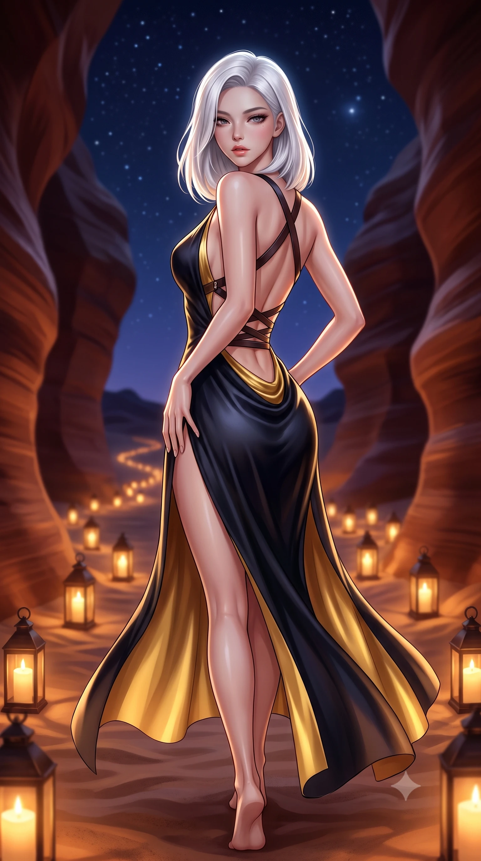 score_9, masterpiece, best quality, ultra-detailed, high-budget anime keyframe, semi-realistic 3D game render, editorial fashion photography, tasteful artistic composition, Korean woman. close-up cowboy shot from the waist and thighs up, the character dominates the composition, filling the frame with her large presence. arching her spine backward with effortless dancer poise, one hand sliding along her hip line as directional light carves specular highlights along her silhouette while walking gracefully down the lantern-lit sand pathway, her sweeping desert gown fluttering around her long slender limbs under the starlit sky. The composition keeps background elements in soft focus with creamy bokeh. curving sandstone slot canyon walls and starry desert night sky softened in magical oriental shallow focus. She has an exceptionally elegant, slender, and willowy female figure with an ultra-slim waist, flat toned midriff, narrow ribcage, and sculpted feminine hips creating an alluring, slim hourglass silhouette without bulk. sharp v-shaped jawline, high-bridge nose, intricate jewel-like eyes with depth, thick eyelashes, glossy parted lips with a natural sheen, intensely captivating and seductive bedroom-eyes expression, flawlessly proportioned anatomical accuracy, strict slender model proportions, natural body alignment, perfectly sculpted long slender limbs, ultra-slim waistline, clean dynamic posture without body distortion. wearing a backless cowl-neck satin slip dress featuring high-cut side hip slits and delicate criss-cross back straps in midnight obsidian black and liquid gold, made of fluid silk crepe with delicate inner corsetry boning, featuring an open-back criss-cross harness strap in dark leather, the form-contouring material adhering flawlessly to her sculpted flat midriff and slender torso, emphasizing her long leg lines and perfectly proportioned willowy build. bathed in warm flickering glow of hundreds of candle lanterns contrasting with the deep indigo desert night sky. highly saturated vibrant anime colors, detailed shading with soft gradients, rich glossy textures, high-contrast stereoscopic depth, volumetric dynamic lighting, master piece, 9:16 ratio