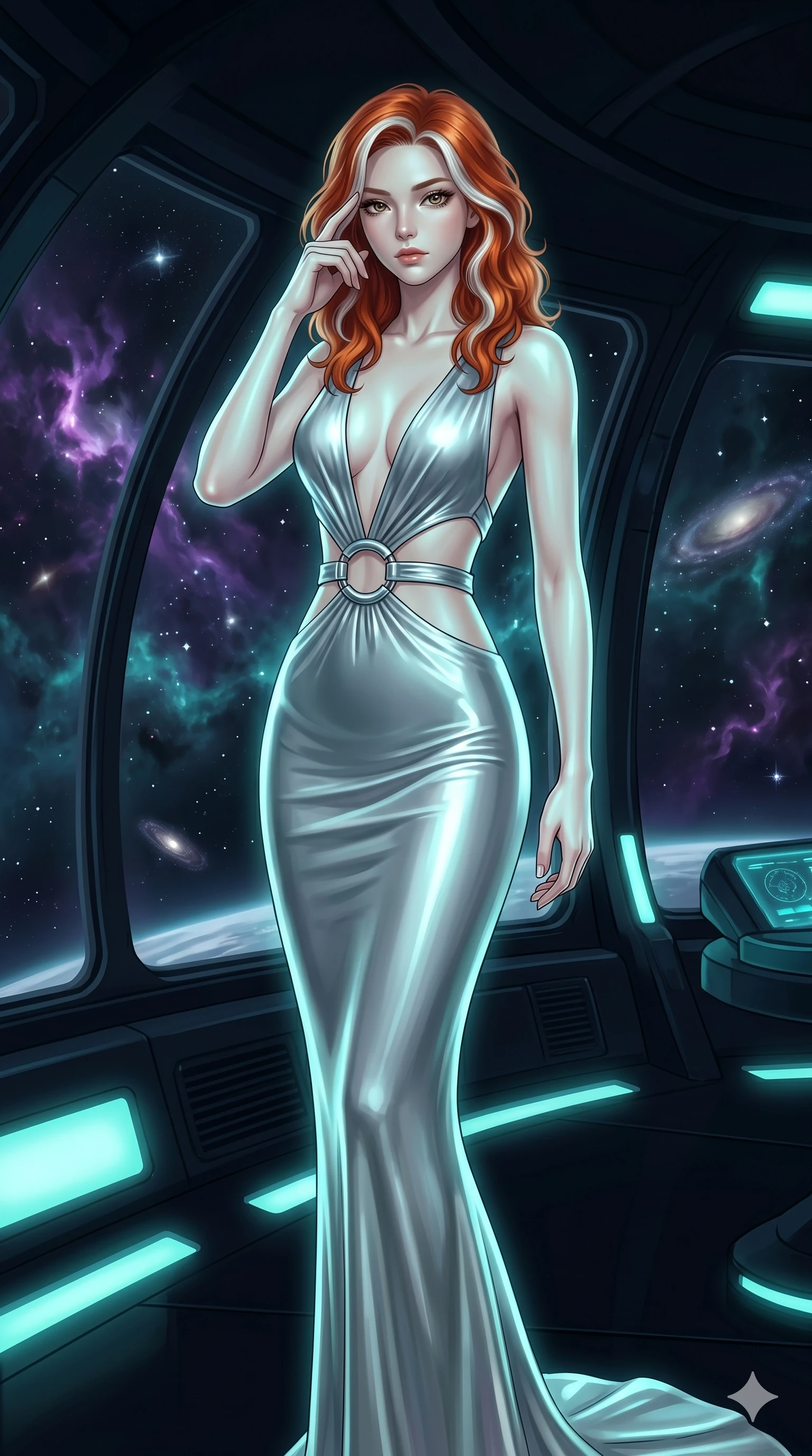 score_9, masterpiece, best quality, ultra-detailed, high-budget anime keyframe, editorial fashion photography, tasteful artistic composition, Caucasian woman, strictly human ears. cowboy shot from the thighs up, character and outfit filling the frame for maximum editorial presence. Pressing two fingers to her temple in a composed thoughtful gesture inside a deep-space observatory with nebula clouds of violet and teal drifting past panoramic windows. She has an absolutely perfect 8-heads proportion, an exceptionally tall and slender female figure with impossibly long slender legs and an ultra-slim waist. V-shaped jawline, high-bridge nose, intricate jewel-like eyes with depth, thick eyelashes, glossy lips with a natural sheen. wearing a dramatic architectural V-neckline maxi dress in liquid silver jersey with a bold open-back, an architectural waist cutout framed by chrome ring hardware, and a body-form-sculpting fit all the way to the floor. illuminated by soft aqua bioluminescent light that makes her skin luminously glow against the dark. 2k, ultra detail, master piece, 9:16 ratio
