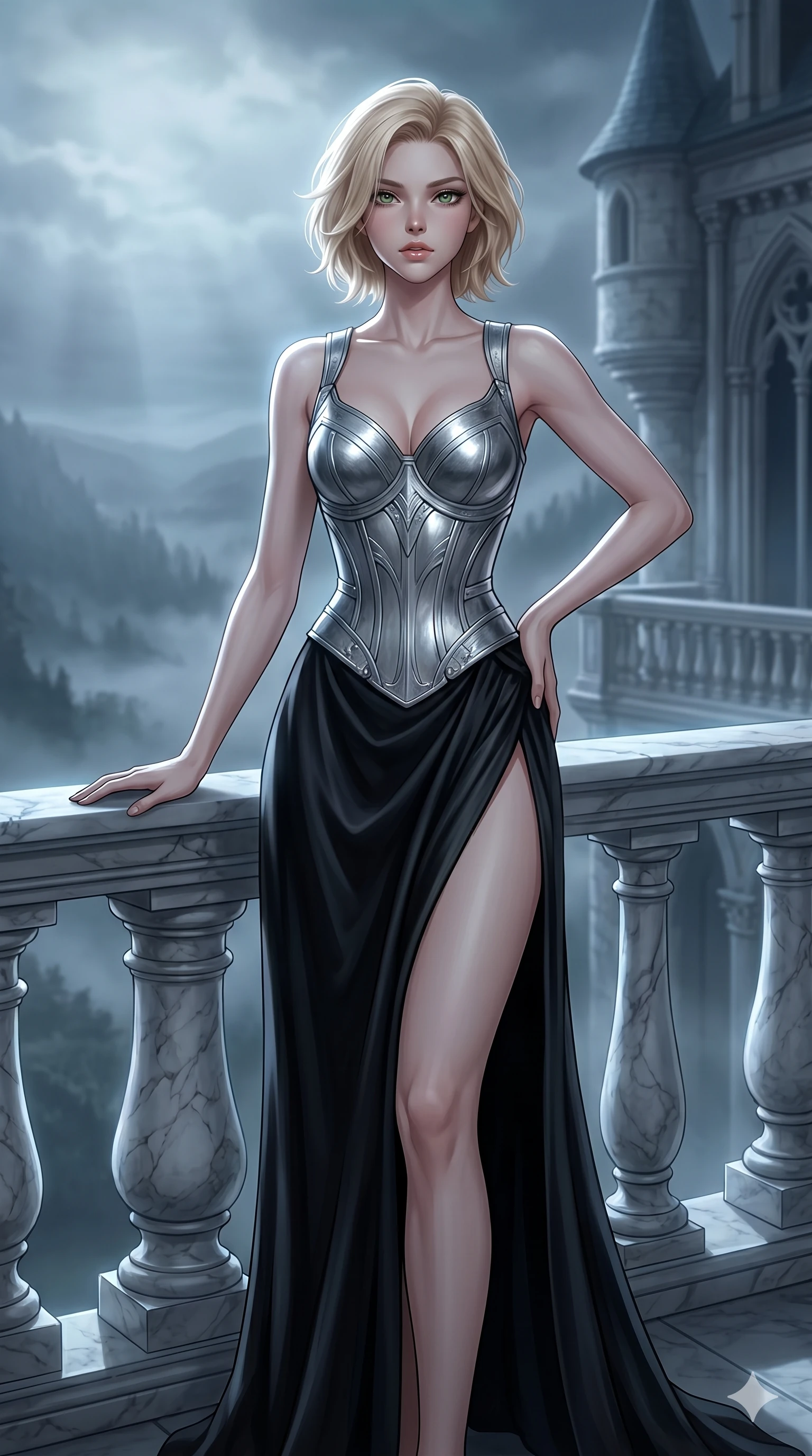 score_9, masterpiece, best quality, ultra-detailed, high-budget anime keyframe, editorial fashion photography, tasteful artistic composition, Caucasian woman, strictly human ears. cowboy shot from the thighs up, character and outfit filling the frame for maximum editorial presence. holding a powerful pose, looking past the camera with an air of effortless superiority standing on a marble balcony of a castle overlooking a misty valley (Code-P16-049). She has an absolutely perfect 8-heads proportion, an exceptionally tall and slender female figure with impossibly long slender legs and an ultra-slim waist. V-shaped jawline, high-bridge nose, intricate jewel-like eyes with depth, thick eyelashes, glossy lips with a natural sheen. wearing a structured silver armor corset over a flowing black silk gown with a high side slit. cool silver moonlight filtered through the mist, creating a dramatic, ethereal rim light. 2k, ultra detail, master piece, 9:16 ratio