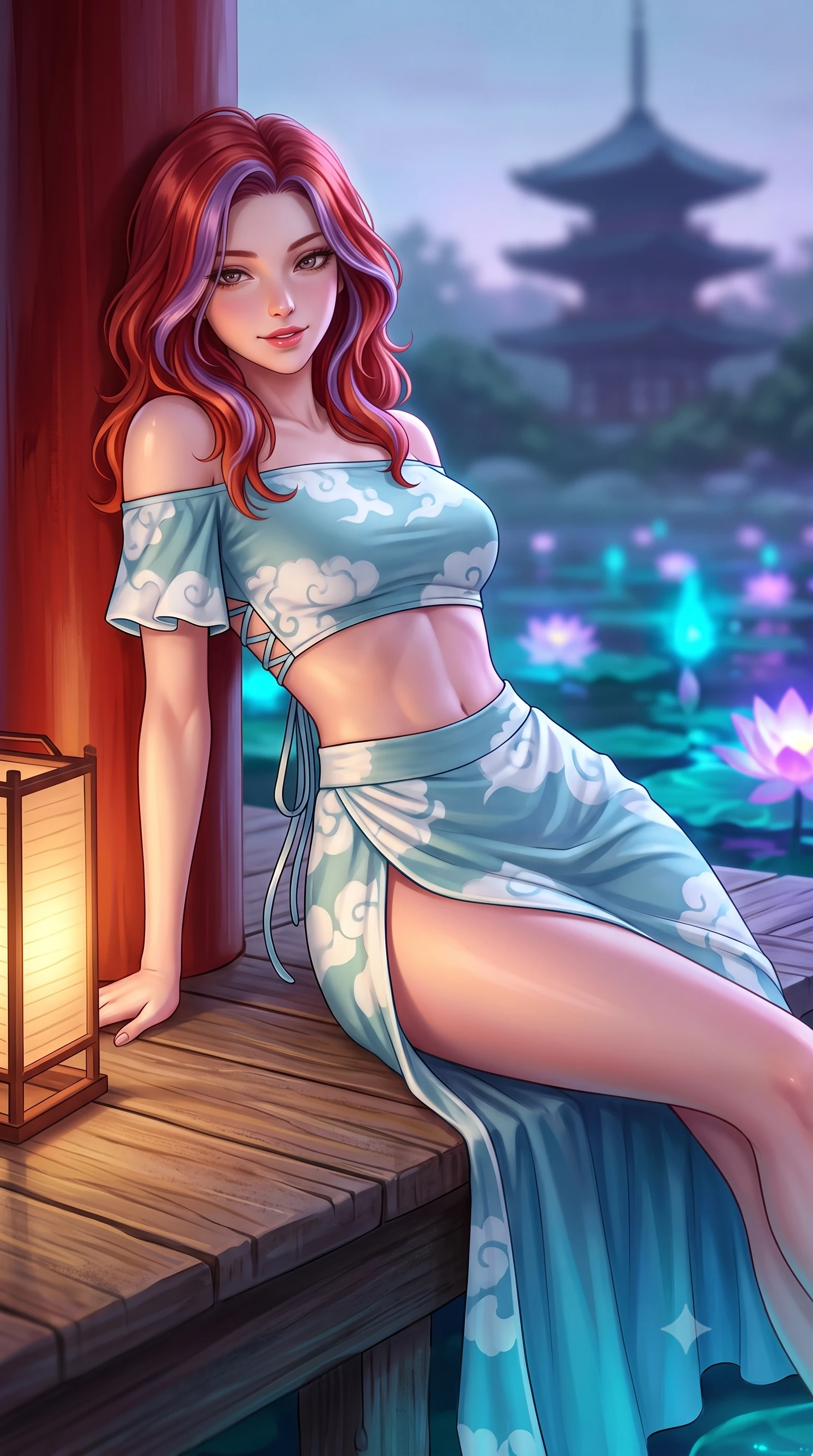score_9, masterpiece, best quality, ultra-detailed, high-budget anime keyframe, semi-realistic 3D game render, editorial fashion photography, tasteful artistic composition, Caucasian woman. close-up cowboy shot from the waist and thighs up, the character dominates the composition, filling the frame with her large presence. leaning back against the red lacquer pillar with relaxed seductive grace, her flat midriff and narrow waist highlighted as warm lantern light traces her curves while lounging gracefully across a wooden landing platform propped on one arm, her long slender legs and hourglass curves radiating fantasy allure. The background shows a soft-focus a quiet pagoda silhouette in the distance softened in magical oriental fantasy shallow focus. She has an exceptionally elegant, slender, and willowy female figure with an ultra-slim waist, flat toned midriff, narrow ribcage, and sculpted feminine hips creating an alluring, slim hourglass silhouette without bulk. sharp v-shaped jawline, high-bridge nose, intricate jewel-like dark sparkling almond eyes with depth, thick lashes, glossy parted lips with a natural rose-plum sheen, bright alluring and coquettish smile with bedroom-eyes, exuding both timeless oriental elegance and sovereign high-fashion allure, flawlessly proportioned anatomical accuracy, strict slender model proportions, natural body alignment, perfectly sculpted long slender limbs, ultra-slim waistline, clean dynamic posture without body distortion. wearing a modern two-piece fusion set with an off-shoulder crop blouse and high-slit wrap skirt tracing her curvaceous hips in pure celadon porcelain blue and cloud white, tailored from fine crisp cotton-linen with clean structural lines, finished with criss-cross back satin laces tracing her slender spine, the high-waisted wrap tailoring accentuating her ultra-slim waistline and the enchanting curve of her feminine hips with alluring oriental charm. bathed in magical cyan and violet bioluminescent light radiating from the lotus pond. highly saturated vibrant anime colors, detailed shading with soft gradients, rich glossy textures, high-contrast stereoscopic depth, volumetric dynamic lighting, master piece, 9:16 ratio