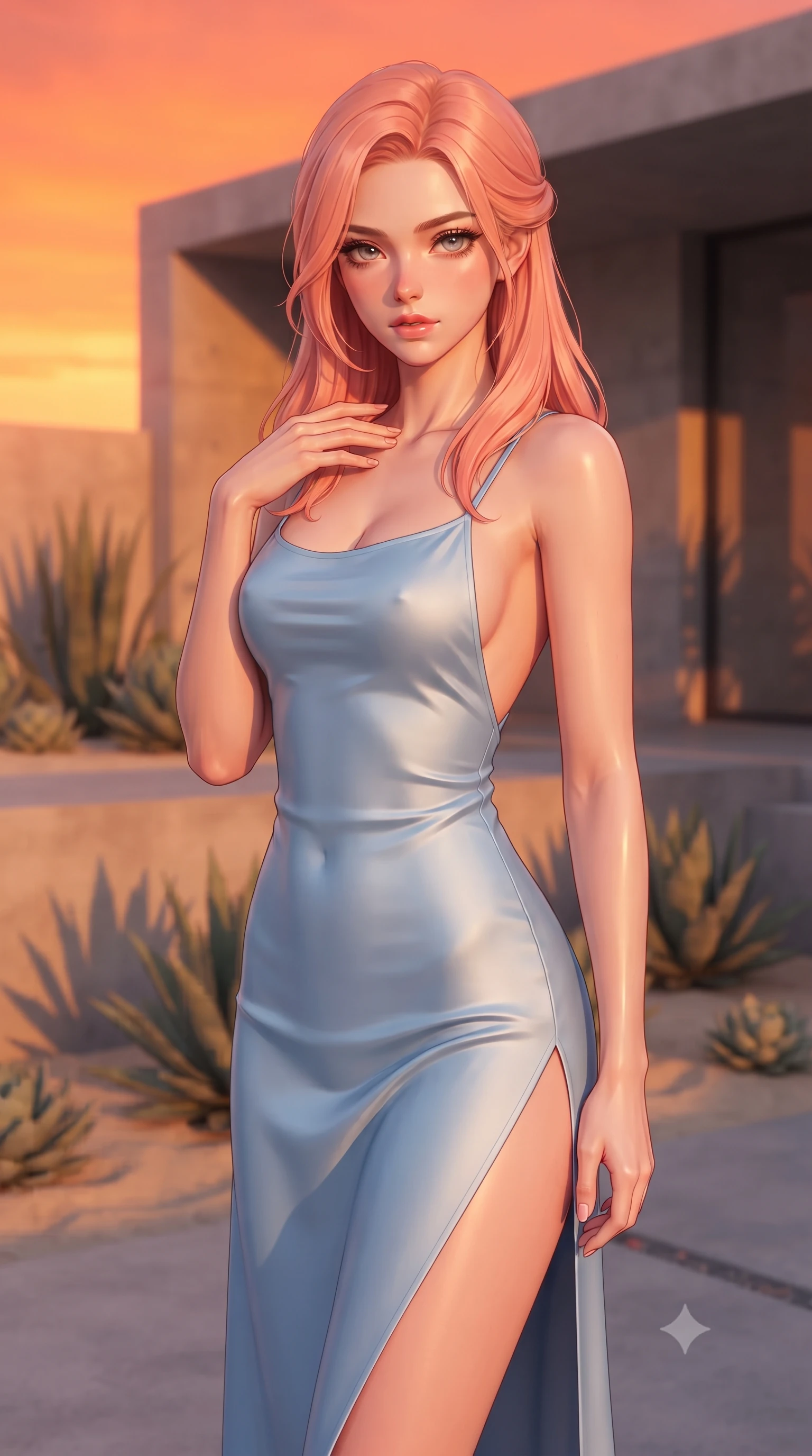 score_9, masterpiece, best quality, ultra-detailed, high-budget anime keyframe, editorial fashion photography, tasteful artistic composition, Japanese woman. close-up cowboy shot from the waist and thighs up, the character dominates the composition, filling the frame with her large presence, background elements kept in soft focus. standing with one hand resting on her collarbone, looking at the viewer with bedroom-eyes the background shows a soft-focus a modern concrete villa garden with minimalist succulents and sand landscaping at sunset. She has an exceptionally elegant, slender, and willowy female figure with an ultra-slim waist, a gracefully sculpted slender torso, and a refined silhouette. sharp v-shaped jawline, high-bridge nose, intricate jewel-like eyes with depth, thick eyelashes, glossy lips with a natural sheen. wearing a slim-fit lightweight silk slip dress in baby blue with a high side slit and a low-cut back. dramatic orange glow of a sunset casting long plant shadows. highly saturated vibrant anime colors, detailed shading with soft gradients, rich glossy textures, high-contrast stereoscopic depth, volumetric dynamic lighting, master piece, 9:16 ratio