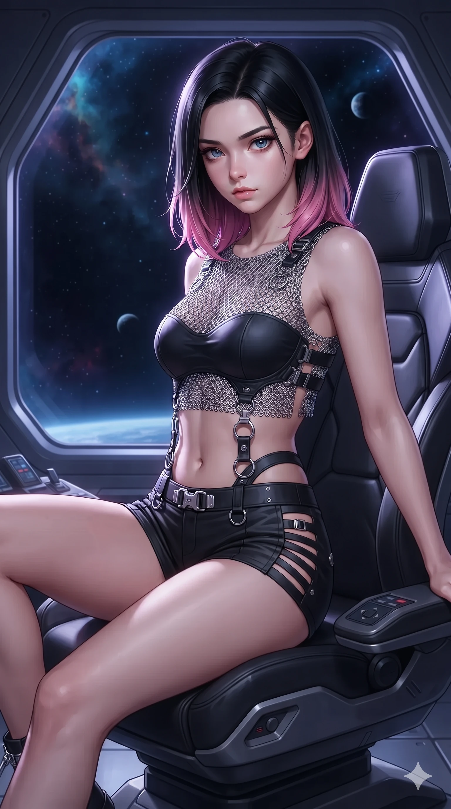 score_9, masterpiece, best quality, ultra-detailed, high-budget anime keyframe, editorial fashion photography, tasteful artistic composition, Korean woman. close-up cowboy shot from the waist and thighs up, the character dominates the composition, filling the frame with her large presence. perched sideways on the pilot seat, one knee drawn up to showcase her slender leg line while her arched back accentuates her feminine hip curve while lounging poised on the observation lounger with legs extended, displaying her statuesque 8.5-heads silhouette against the infinite cosmic abyss. The surrounding environment is rendered in vivid detail and crisp panoramic clarity: detailed high-tech flight suit tailoring, silver hardware rings, and space station architecture in razor-sharp clarity. She has an exceptionally elegant, slender, and willowy female figure with an ultra-slim waist, flat toned midriff, narrow ribcage, and sculpted feminine hips creating an alluring, slim hourglass silhouette without bulk. sharp v-shaped jawline, high-bridge nose, intricate jewel-like sparkling eyes with depth, thick eyelashes, glossy parted lips with a natural sheen, bright confident smile with an enchanting and coquettish sensual glint, exuding both youthful magnetic charm and sovereign high-tech allure, flawlessly proportioned anatomical accuracy, strict slender model proportions, natural body alignment, perfectly sculpted long slender limbs, ultra-slim waistline, clean dynamic posture without body distortion. wearing a delicate silver chainmail mesh crop top layered over a sculpted matte black bandeau with low-rise combat shorts in cosmic eclipse amber and starlight diamond, woven from fine semi-opaque stretch illusion mesh tracing her slender contours, finished with sharp laser-cut side ventilation slits framed by silver hardware rings, the bespoke structured tailoring following the natural line of her 8.5-heads silhouette with refined elegance. illuminated by window reflections and sharp violet-platinum rim lights sculpting her razor-sharp jawline, narrow waist, and curvy hips. ultra-reflective glossy finish, specular highlights, rich textural contrasts, high-contrast stereoscopic depth, volumetric dynamic lighting, 2k, ultra detail, master piece, 9:16 ratio