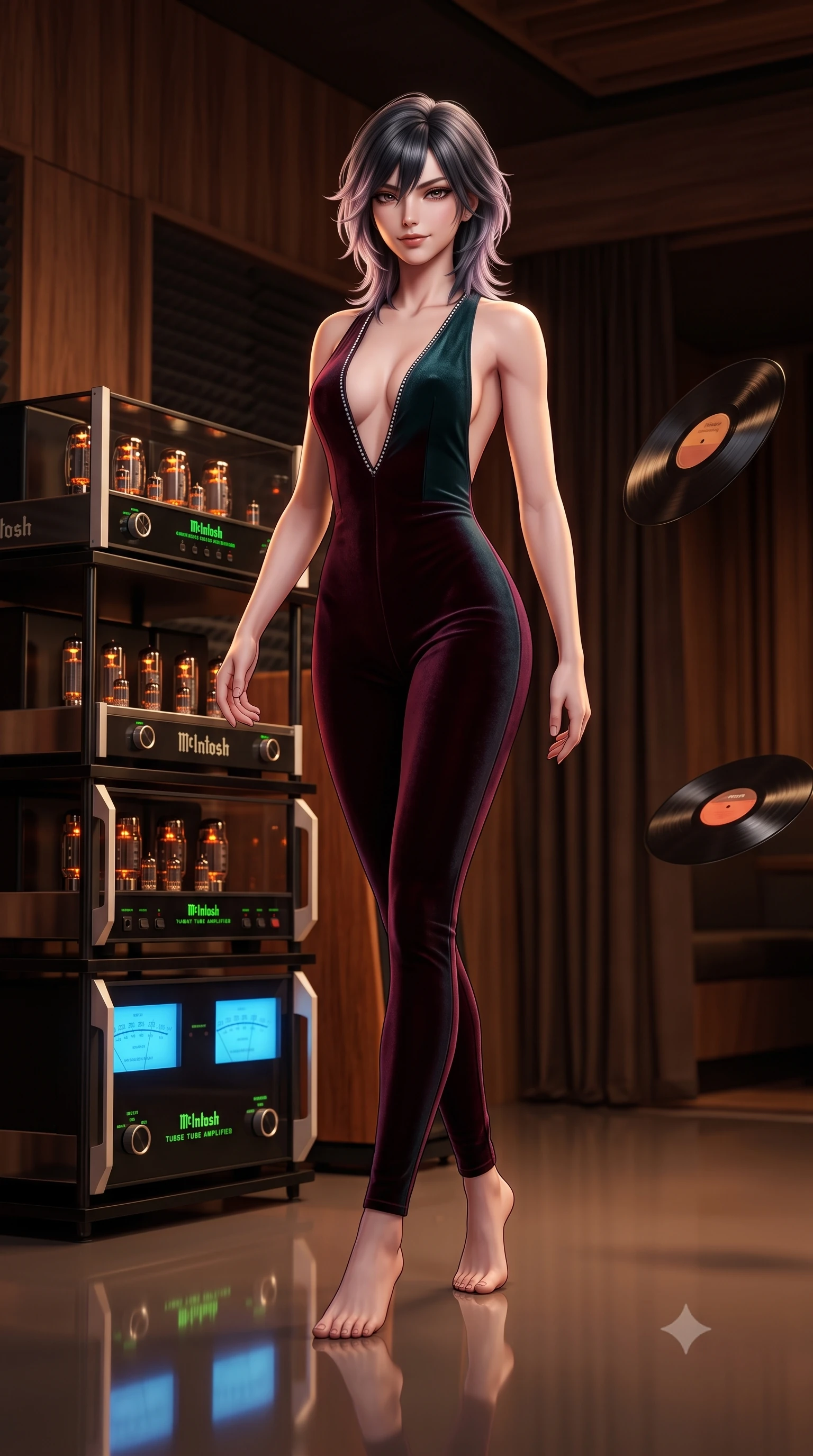 score_9, masterpiece, best quality, ultra-detailed, high-budget anime keyframe, semi-realistic 3D game render, editorial fashion photography, tasteful artistic composition, Caucasian woman. low angle full-body shot from head to toe showing her feet, filling the entire 9:16 vertical frame with her statuesque presence, stretching her vertical silhouette. striding forward gracefully across the reflective floor with sovereign supermodel poise, hips swaying in an alluring kinetic rhythm that accentuates her curvy hourglass silhouette and long slender legs while standing poised beside the massive McIntosh tube amplifier rack with hips cocked back, casting an intoxicating bedroom-gaze past floating vinyl records. The composition keeps background elements in soft focus with dreamy creamy bokeh. dimly lit acoustic timber walls and private booth drapes softened in intimate audiophile shallow focus. She has an exceptionally tall and slender model-like 8.5-heads proportion, an ultra-slim waist, a flat toned midriff, narrow delicate ribcage, and beautifully sculpted feminine hips creating a graceful, slim hourglass silhouette without any bulky heaviness, with impossibly long slender legs. sharp v-shaped jawline, high-bridge nose, intricate jewel-like dark sparkling eyes with dangerous depth, thick curled eyelashes, glossy parted lips with a rich wine sheen, smoldering seductive half-smile with bedroom-eyes, exuding effortless superiority and intoxicating dark allure, flawlessly proportioned anatomical accuracy, strict slender model proportions, natural body alignment, perfectly sculpted long slender limbs, ultra-slim waistline, clean dynamic posture without body distortion. wearing a second-skin dark burgundy stretch-velvet jumpsuit with a plunging neckline and open back in deep forest teal and dark gunmetal, made of liquid-tight stretch jersey emphasizing every curve of her body, finished with subtle crystal rhinestones lining the plunging neckline, the glove-like silhouette tightly following the natural contour of her hips and long slender legs with youthful 8.5-heads elegance. bathed in moody warm tube amplifier amber glow and dark walnut ambient bounce. highly saturated vibrant anime colors, detailed shading with soft gradients, rich glossy textures, high-contrast stereoscopic depth, volumetric dynamic lighting, master piece, 9:16 ratio