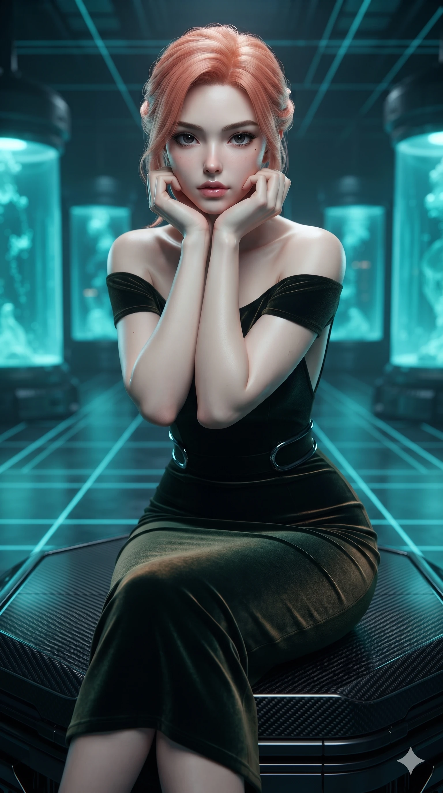 score_9, masterpiece, best quality, ultra-detailed, high-budget anime keyframe, editorial fashion photography, tasteful artistic composition, Japanese woman. close-up cowboy shot from the waist and thighs up, the character dominates the composition, filling the frame with her large presence. resting her chin on the backs of her fingers with an air of effortless superiority and parted glossy lips while poised on a dark carbon-fiber platform while laser calibration grids scan the room, glowing cyan stasis fluid casting ethereal inner glow through dark glass. The background shows a soft-focus cylindrical stasis chambers glowing with cyan bioluminescent fluid, distant server monoliths, and neon scan grids blurred into cyan, cobalt, and obsidian bokeh. She has an exceptionally elegant, slender, and willowy female figure with an ultra-slim waist, flat toned midriff, narrow ribcage, and sculpted feminine hips creating an alluring, slim hourglass silhouette without bulk. sharp v-shaped jawline, high-bridge nose, intricate jewel-like dark sparkling eyes with hypnotic seductive depth, thick curled eyelashes, glossy parted lips with a natural wine sheen, alluring bedroom-eyes with an enigmatic smoldering smile, exuding magnetic sovereign charisma and dark avant-garde glamour, flawlessly proportioned anatomical accuracy, strict slender model proportions, natural body alignment, perfectly sculpted long slender limbs, ultra-slim waistline, clean dynamic posture without body distortion. wearing a form-contouring off-shoulder dark velvet bodycon midi dress with low-back scoop in dark emerald green and antique bronze, made of supple butter-soft lambskin leather with a subtle satin sheen, accented with sculpted obsidian chrome rings at the waist, accentuating her gracefully sculpted slender torso and statuesque proportions. surrounded by a cool cybernetic aura with intense edge lighting and glowing cyan stasis backlights. ultra-reflective glossy finish, specular highlights, metallic sheen, high-contrast stereoscopic depth, volumetric dynamic lighting, 2k, ultra detail, master piece, 9:16 ratio