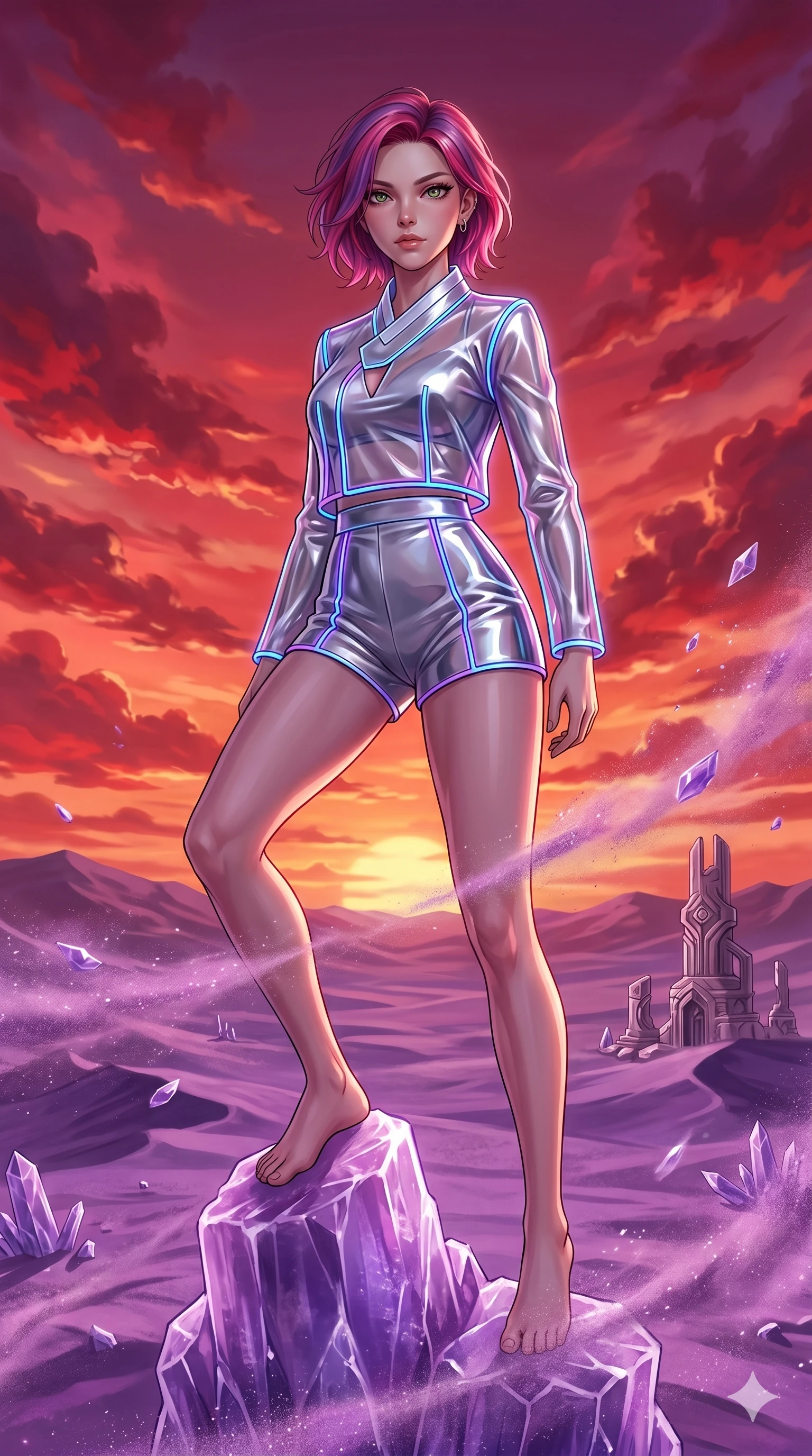 score_9, masterpiece, best quality, ultra-detailed, high-budget anime keyframe, Caucasian woman, strictly human ears. low angle full-body shot filling the entire 9:16 frame with her statuesque presence, stretching the vertical silhouette. standing atop a translucent salt crystal tower in a purple crystalline desert as winds blow shimmering purple dust under a crimson sunset. She has an absolutely perfect 8-heads proportion, an exceptionally tall and slender female figure with impossibly long slender legs and an ultra-slim waist. V-shaped jawline, high-bridge nose, intricate jewel-like eyes with depth, thick eyelashes, glossy lips with a natural sheen.. wearing a vinyl liquid mercury fusion hanbok, featuring a translucent chrome-silver vinyl jeogori and high-waist tailored mini shorts, detailed with glowing neon wire trims and a tasteful chest slit. accented by dynamic color-blocked lighting with high-contrast shadows emphasizing her statuesque height. 2k, ultra detail, master piece, 9:16 ratio