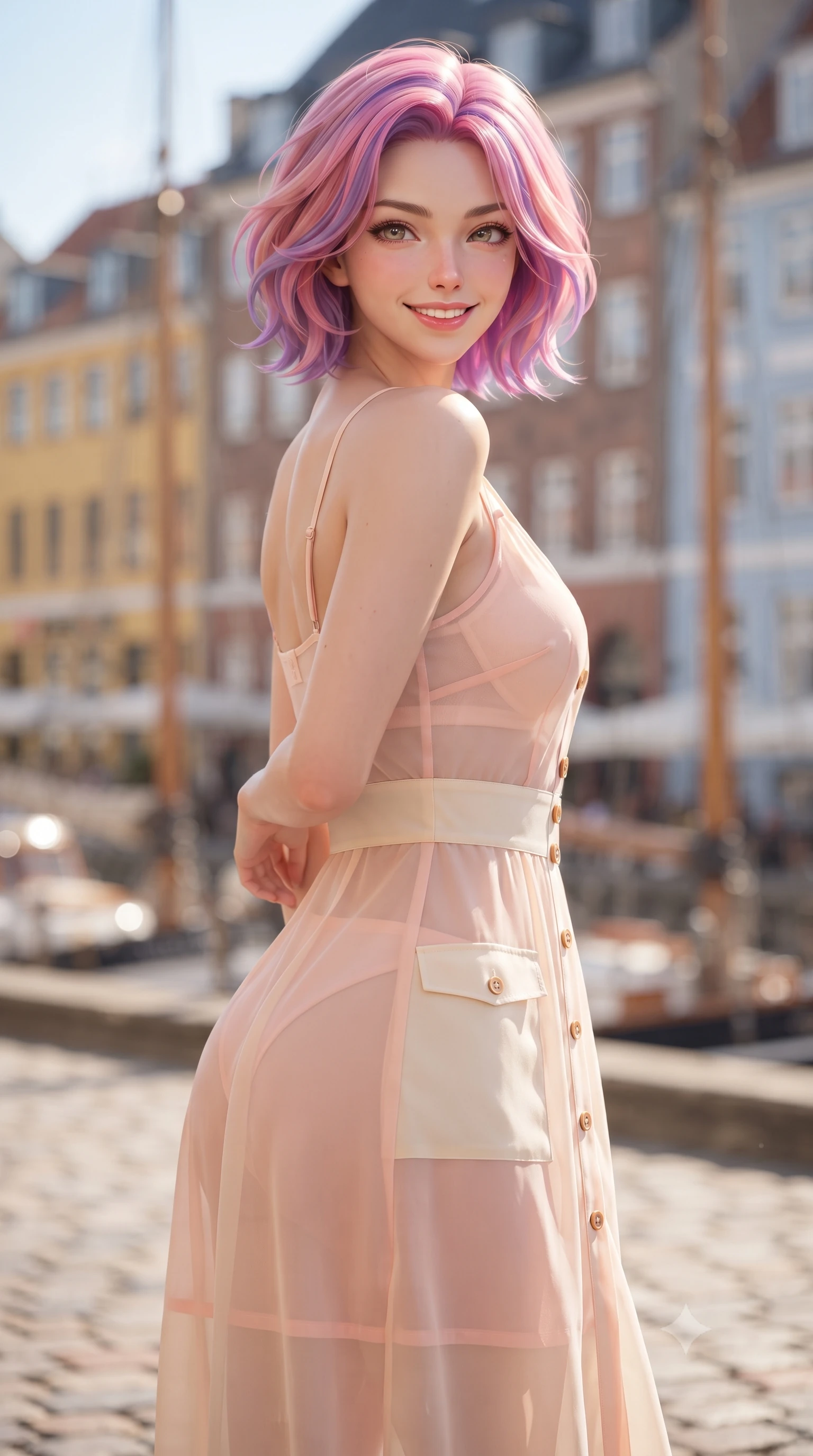 score_9, masterpiece, best quality, ultra-detailed, high-budget anime keyframe, editorial fashion photography, tasteful artistic composition, Caucasian woman. close-up cowboy shot from the waist and thighs up, the character dominates the composition, filling the frame with her large presence. posing in an alluring rear three-quarter angle, turning over a bare shoulder with an intoxicating cute smile, her hips cocked back to highlight her slim hourglass curve while standing poised on the cobblestone canal promenade, twisting her slender torso in an alluring S-curve in front of colorful pastel townhouses. The composition keeps background elements in soft focus with dreamy creamy bokeh. colorful historic pastel townhouses and vintage wooden sailboat masts blurred into mustard-yellow, brick-red, and pale sky-blue bokeh. She has an exceptionally elegant, slender, and willowy female figure with an ultra-slim waist, flat toned midriff, narrow ribcage, and sculpted feminine hips creating an alluring, slim hourglass silhouette without bulk. sharp v-shaped jawline, high-bridge nose, intricate jewel-like sparkling eyes with depth, thick eyelashes, glossy parted lips with a natural peach sheen, bright cheerful beaming smile with an enchanting and coquettish sensual glint, exuding both youthful cute charm and seductive allure, flawlessly proportioned anatomical accuracy, strict slender model proportions, natural body alignment, perfectly sculpted long slender limbs, ultra-slim waistline, clean dynamic posture without body distortion. wearing a delicate semi-sheer chiffon sun-slip dress layered over a matching pastel bralette, hugging her slender waist and hips in pastel peach blossom pink and warm champagne ivory, tailored from crisp cotton poplin with clean structural lines, finished with neat front wooden buttons and delicate pocket details, the high-waisted tailoring accentuating her ultra-slim waistline and the enchanting curve of her feminine hips with alluring charm. bathed in crisp, crystal-clear Nordic summer daylight reflecting off calm canal waters. ultra-reflective glossy finish, specular highlights, rich textural contrasts, high-contrast stereoscopic depth, volumetric dynamic lighting, 2k, ultra detail, master piece, 9:16 ratio