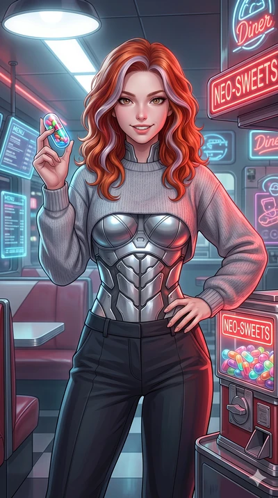 score_9, masterpiece, best quality, ultra-detailed, high-budget anime keyframe, Caucasian woman, strictly human ears. Upper body close-up from the thighs up, character filling the screen for maximum presence. Standing next to a retro candy dispenser 