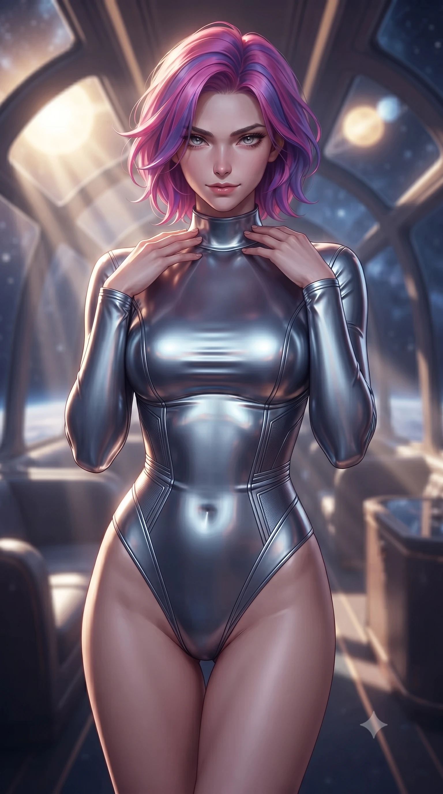 score_9, masterpiece, best quality, ultra-detailed, high-budget anime keyframe, editorial fashion photography, tasteful artistic composition, Caucasian woman. close-up cowboy shot from the waist and thighs up, the character dominates the composition, filling the frame with her large presence, background elements kept in soft focus. standing in a relaxed, elegant posture with both hands resting lightly on her collarbone, looking at the viewer with bedroom-eyes, the background shows a soft-focus a train observation deck with glass panels showing a binary sun system. She has an exceptionally elegant, slender, and willowy female figure with an ultra-slim waist, a gracefully sculpted slender torso, and a refined silhouette. sharp v-shaped jawline, high-bridge nose, intricate jewel-like eyes with depth, thick eyelashes, glossy lips with a natural sheen. wearing a slim-fit body-hugging titanium-sheen mock-neck bodysuit, featuring elastic compression panels at the waist. volumetric sunbeams slicing through glass panels, creating dramatic light rays. ultra-reflective glossy finish, specular highlights, metallic sheen, high-contrast stereoscopic depth, volumetric dynamic lighting, 2k, ultra detail, master piece, 9:16 ratio