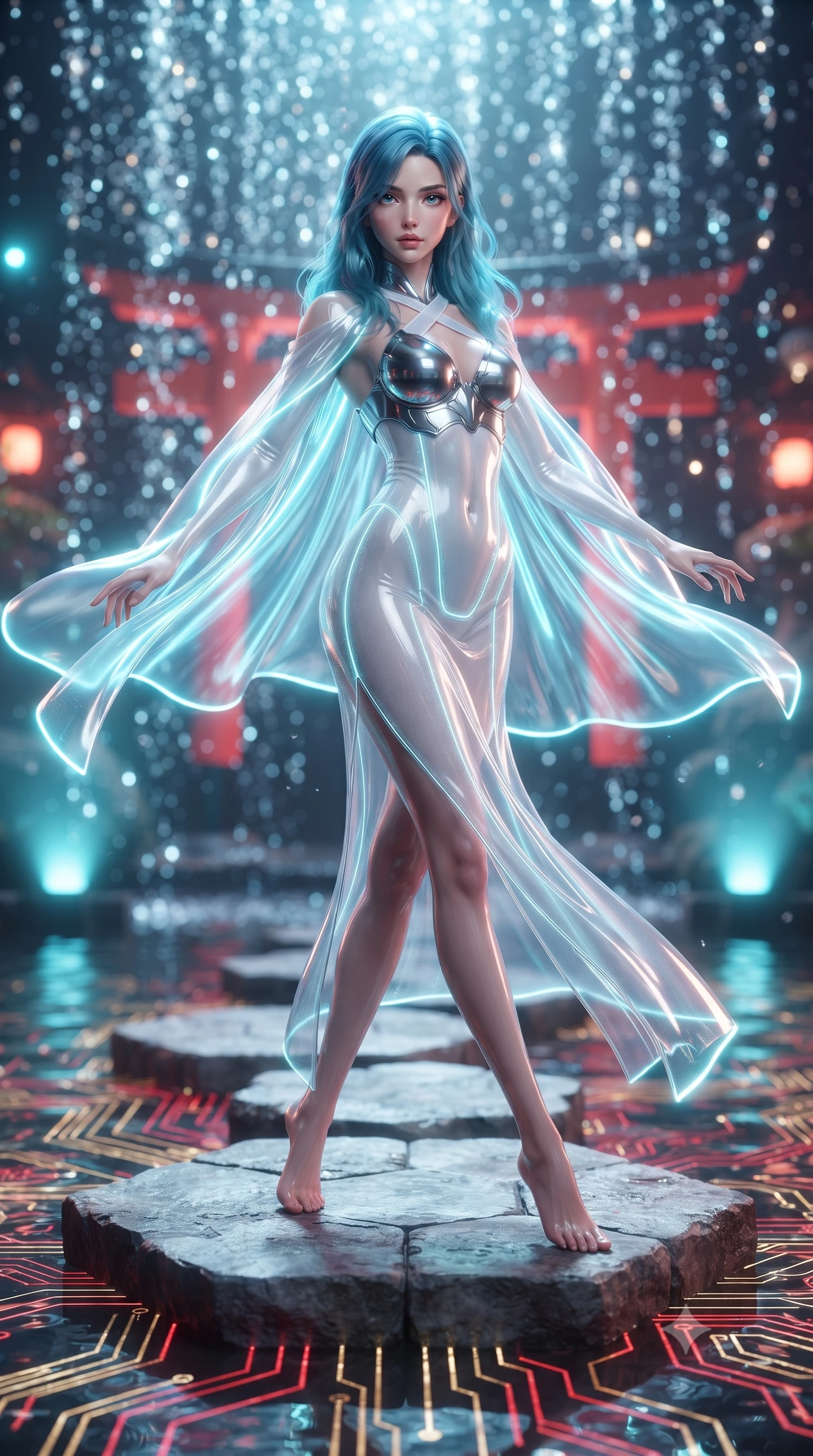 score_9, masterpiece, best quality, ultra-detailed, high-budget anime keyframe, editorial fashion photography, tasteful artistic composition, Japanese woman. low angle full-body shot from head to toe showing her feet, filling the entire 9:16 vertical frame with her statuesque presence, stretching her vertical silhouette. pivoting dynamically in mid-motion with a breathtakingly alluring posture, displaying her flawless model proportions, toned flat midriff, and ultra-slim waist while pivoting dynamically on a floating hexagonal stone platform as glowing red and gold circuit lines ripple through the water. The composition keeps background elements in soft focus with creamy bokeh. sparkling water matrix light motes creating a soft, luminous background curtain. She has an absolutely perfect, statuesque 8.5-heads proportion, an exceptionally tall and slender model-like female figure with impossibly long slender legs, a toned flat midriff, and an ultra-slim waist. sharp v-shaped jawline, high-bridge nose, intricate jewel-like eyes with depth, thick eyelashes, glossy lips with a natural sheen, flawlessly proportioned anatomical accuracy, strict slender model proportions, natural body alignment, perfectly sculpted long slender limbs, ultra-slim waistline, clean dynamic posture without body distortion. wearing a form-contouring white liquid-mercury gown with polished silver biomechanical breastplate and flowing luminescent chiffon cape in polished mirror chrome and glowing electric cyan neon, tailored from semi-translucent cybernetic vinyl with glowing micro-filaments, complemented by criss-cross back straps highlighting her completely bare spine, the form-contouring material adhering flawlessly to her sculpted flat midriff and slender torso, emphasizing her long leg lines and perfectly proportioned willowy build. bathed in glowing scarlet torii gate backlighting and aquatic cyan matrix uplights. ultra-reflective glossy finish, specular highlights, dark metallic sheen, high-contrast stereoscopic depth, volumetric dynamic lighting, 2k, ultra detail, master piece, 9:16 ratio