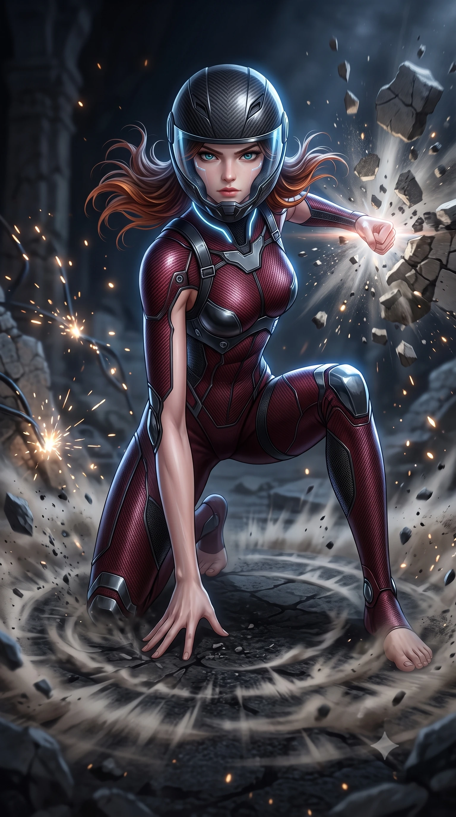 score_9, masterpiece, best quality, ultra-detailed, high-budget anime keyframe, semi-realistic 3D game render, editorial fashion photography, tasteful artistic composition, Korean woman. low angle full-body shot from head to toe showing her feet, filling the entire 9:16 vertical frame with her statuesque presence, stretching her vertical silhouette. landing gracefully from a high-altitude leap on one knee and palm, her statuesque silhouette framed by radial shockwave ripples in the ground while delivering a supersonic kinetic palm strike that shatters falling masonry in a radial blast of air and dust. The composition keeps background elements in soft focus with creamy bokeh. sparks from severed high-voltage conduits scattering radiant light motes across a dark sacred battlefield. She has an absolutely perfect, statuesque 8.5-heads proportion, an exceptionally tall and slender model-like female figure with impossibly long slender legs, a toned flat midriff, and an ultra-slim waist. sharp v-shaped jawline, high-bridge nose, intricate jewel-like eyes with depth, thick eyelashes, glossy lips with a natural sheen, fierce and resolute heroine expression, flawlessly proportioned anatomical accuracy, strict slender model proportions, natural body alignment, perfectly sculpted long slender limbs, ultra-slim waistline, clean dynamic posture without body distortion. wearing an open-face aerodynamic carbon-fiber combat helmet with a retracted transparent holographic HUD visor framing her sharp jawline and jewel-like eyes, paired with a tailored tactical combat jumpsuit with an open-back harness design, reinforced composite breastplate, and high-mobility elbow dampers in deep battle-scarred crimson carbon weave with specular dark chrome accents, tailored from flexible second-skin ballistic carbon-mesh adhering flawlessly to her athletic build, featuring a sleek aerodynamic collar framed by subtle glowing cybernetic status LEDs, the form-contouring material adhering flawlessly to her sculpted flat midriff and slender torso, emphasizing her long leg lines and perfectly proportioned willowy build. illuminated by crisp directional key light defining her razor-sharp jawline, eyes, and ultra-slim waist. rich saturated anime colors with glowing neon highlights, detailed shading with soft gradients, rich glossy textures, high-contrast stereoscopic depth, volumetric dynamic lighting, master piece, 9:16 ratio