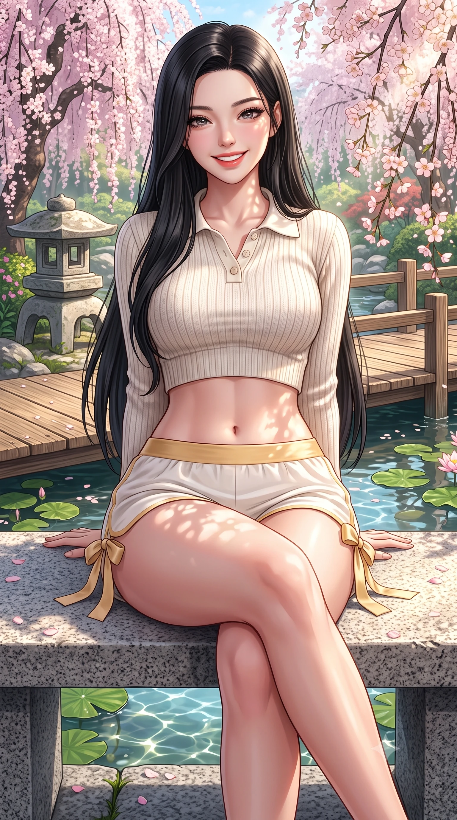score_9, masterpiece, best quality, ultra-detailed, high-budget anime keyframe, semi-realistic 3D game render, editorial fashion photography, tasteful artistic composition, Korean woman. close-up cowboy shot from the waist and thighs up, the character dominates the composition, filling the frame with her large presence. resting both hands lightly behind her back while leaning toward the lens with a cheerful, teasing grin, her form-fitting outfit hugging her narrow waist and feminine hip curve while sitting on a sunny granite bench beside weeping sakura trees with legs crossed, her flat midriff and feminine hips highlighted by dappled light. The surrounding environment is rendered in vivid detail and crisp panoramic clarity. sharp stone lantern textures, wooden footbridge plank grain, and lotus leaf water caustics in deep focus. She has an exceptionally elegant, slender, and willowy female figure with an ultra-slim waist, flat toned midriff, narrow ribcage, and sculpted feminine hips creating an alluring, slim hourglass silhouette without bulk. sharp v-shaped jawline, high-bridge nose, intricate jewel-like sparkling eyes with depth, thick eyelashes, glossy parted lips with a natural peach sheen, bright cheerful beaming smile with an enchanting and coquettish sensual glint, exuding both youthful cute charm and seductive allure, flawlessly proportioned anatomical accuracy, strict slender model proportions, natural body alignment, perfectly sculpted long slender limbs, ultra-slim waistline, clean dynamic posture without body distortion. wearing a cropped knitted polo sweater paired with high-cut tailored tennis shorts hugging her rounded hips in pure alabaster white and sun-kissed gold, tailored from fine lightweight chiffon that flutters gently in the breeze, finished with cute satin bow ribbons tying at the shoulders, the high-waisted tailoring accentuating her ultra-slim waistline and the enchanting curve of her feminine hips with alluring charm. illuminated by calm pond water reflections sharply defining her razor-sharp jawline, narrow waist, and curvy hips. highly saturated vibrant anime colors, detailed shading with soft gradients, rich glossy textures, high-contrast stereoscopic depth, volumetric dynamic lighting, master piece, 9:16 ratio