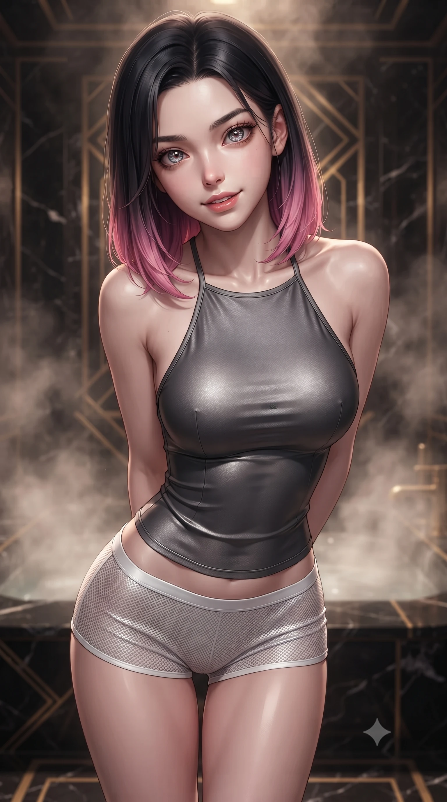 score_9, masterpiece, best quality, ultra-detailed, high-budget anime keyframe, editorial fashion photography, tasteful artistic composition, Korean woman. close-up cowboy shot from the waist and thighs up, the character dominates the composition, filling the frame with her large presence, background elements kept in soft focus. leaning slightly forward with a playful, teasing smile, her gaze locked onto the viewer with lips parted in a composed pose, the background shows a soft-focus a steamy private bath chamber built of dark obsidian stone with gold accents. She has an exceptionally elegant, slender, and willowy female figure with an ultra-slim waist, a gracefully sculpted slender torso, and a refined silhouette. sharp v-shaped jawline, high-bridge nose, intricate jewel-like eyes with depth, thick eyelashes, glossy lips with a natural sheen. wearing a form-contouring backless combat halter top in charcoal grey, paired with white carbon-mesh micro-shorts. dramatic chiaroscuro lighting focusing on her athletic, slender build. ultra-reflective glossy finish, specular highlights, metallic sheen, high-contrast stereoscopic depth, volumetric dynamic lighting, 2k, ultra detail, master piece, 9:16 ratio