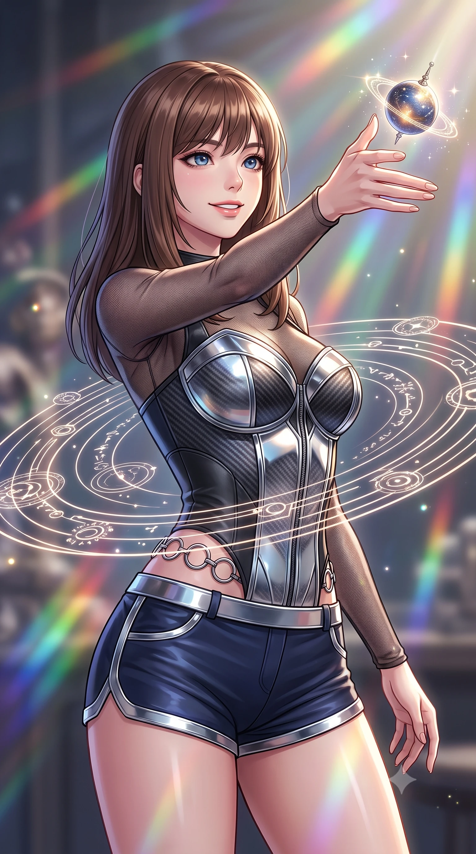 score_9, masterpiece, best quality, ultra-detailed, high-budget anime keyframe, editorial fashion photography, tasteful artistic composition, Korean woman. close-up cowboy shot from the waist and thighs up, the character dominates the composition, filling the frame with her large presence, background elements kept in soft focus. Extending one arm in an elegant stretch toward the light while smiling with magnetic self-assurance while reaching her arm forward to intercept a floating planetary pendulum catching starlight, glowing orbital glyphs hovering in fluid circular paths around her torso. She has an exceptionally elegant, slender, and willowy female figure with an ultra-slim waist, a gracefully sculpted slender torso, and a refined silhouette. sharp v-shaped jawline, high-bridge nose, intricate jewel-like eyes with depth, thick eyelashes, glossy lips with a natural sheen, flawlessly proportioned anatomical accuracy, natural body alignment, perfectly sculpted elegant limbs, clean dynamic posture without body distortion. wearing a chrome-plated structured bodice worn over a sheer mesh top and micro-shorts in midnight navy blue and chrome trim, made of fine carbon-fiber weave and soft matte leather, accented with delicate chrome ring hardware framing her waist, the form-contouring material highlighting her ultra-slim waist and long lines. illuminated by cascading rainbow prismatic rays and rich metallic rim highlights. highly saturated vibrant anime colors, detailed shading with soft gradients, rich glossy textures, high-contrast stereoscopic depth, volumetric dynamic lighting, master piece, 9:16 ratio