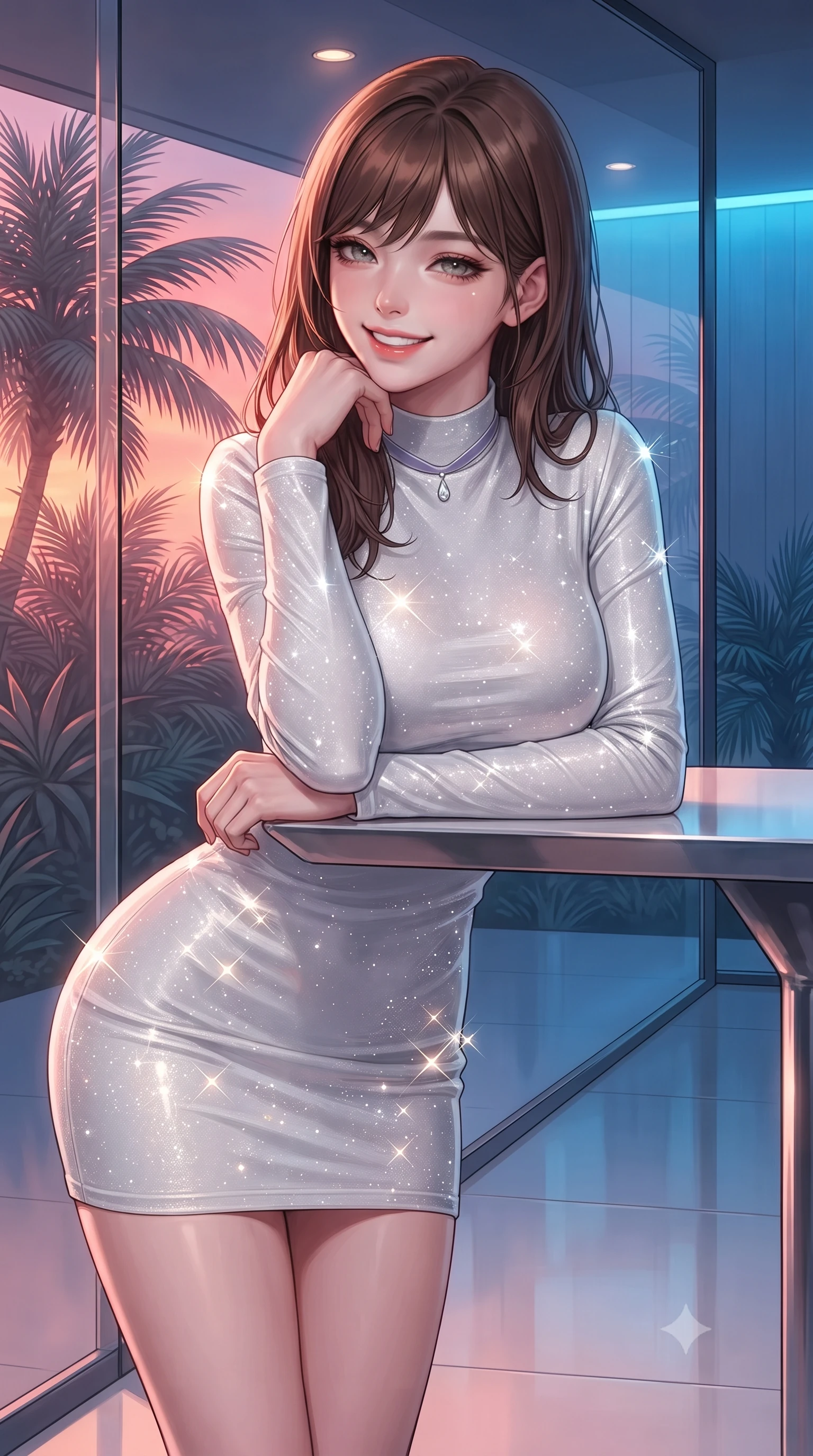 score_9, masterpiece, best quality, ultra-detailed, high-budget anime keyframe, editorial fashion photography, tasteful artistic composition, Korean woman. close-up cowboy shot from the waist and thighs up, the character dominates the composition, filling the frame with her large presence. resting one elbow on the table and supporting her chin, leaning close to the camera with heavy-lidded sparkling eyes and parted lips while leaning against the floor-to-ceiling glass wall with hips cocked back, looking through towering fan palms with heavy-lidded bedroom-eyes. The surrounding environment is rendered in vivid detail and crisp panoramic clarity: detailed garment textures, waistline contouring, and modernist architectural craft in razor-sharp precision. She has an exceptionally elegant, slender, and willowy female figure with an ultra-slim waist, flat toned midriff, narrow ribcage, and sculpted feminine hips creating an alluring, slim hourglass silhouette without bulk. sharp v-shaped jawline, high-bridge nose, intricate jewel-like sparkling eyes with depth, thick eyelashes, glossy parted lips with a natural peach sheen, bright cheerful beaming smile with an enchanting and coquettish sensual glint, exuding both youthful cute charm and seductive allure, flawlessly proportioned anatomical accuracy, strict slender model proportions, natural body alignment, perfectly sculpted long slender limbs, ultra-slim waistline, clean dynamic posture without body distortion. wearing a tailored velvet bodycon cocktail dress with long fitted sleeves and mock neck in pure translucent crystal white and liquid platinum, woven from stretch metallic lurex jersey casting radiant starlight glints across her curves, finished with a thin velvet ribbon choker and a single teardrop diamond pendant, the form-contouring silhouette accentuating her sculpted flat midriff, narrow delicate ribcage, and gracefully curvy hips with intoxicating allure. bathed in saturated 2900K sunset-coral twilight transitioning into electric twilight blue. ultra-reflective glossy finish, specular highlights, rich textural contrasts, high-contrast stereoscopic depth, volumetric dynamic lighting, 2k, ultra detail, master piece, 9:16 ratio