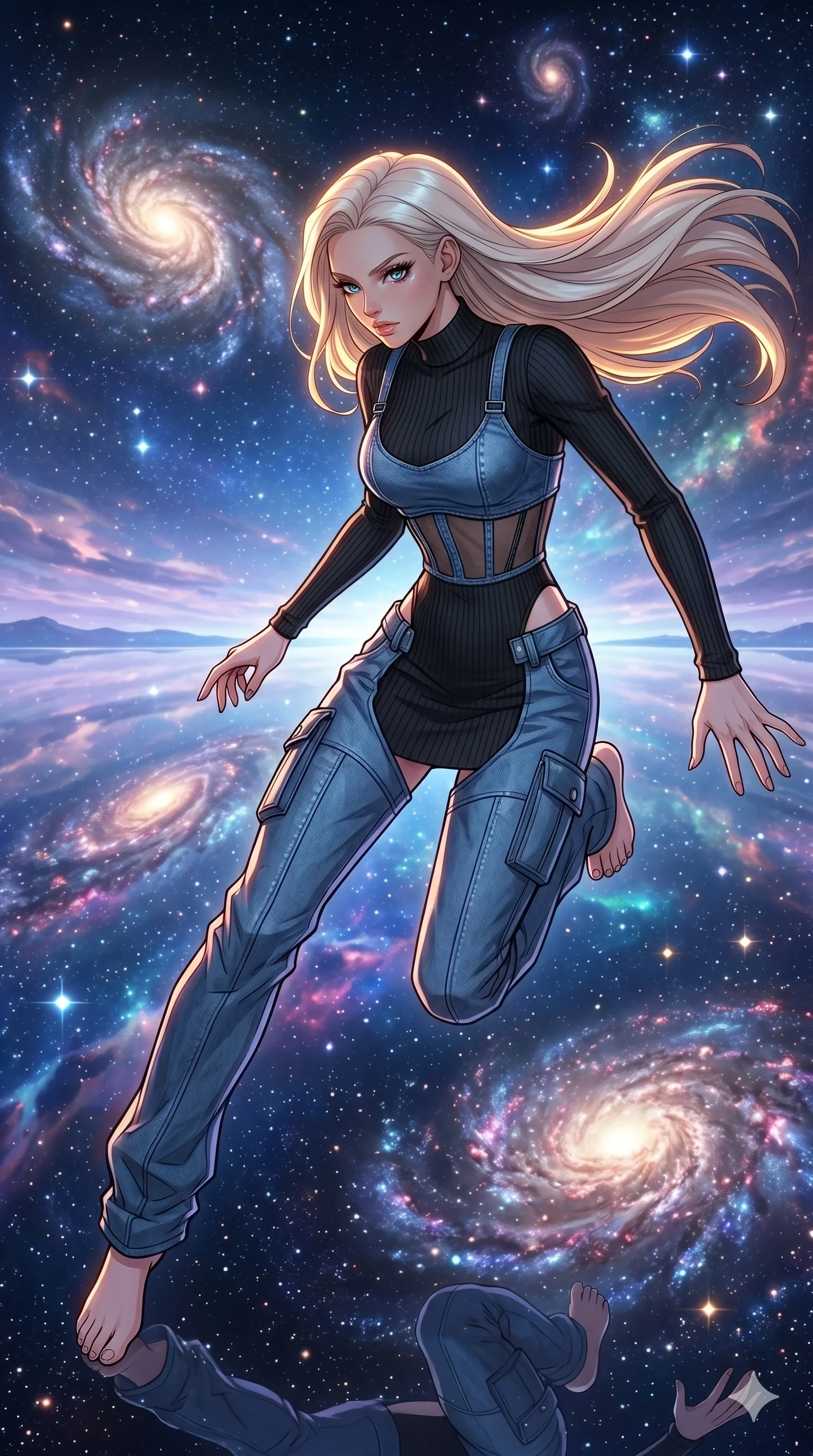 score_9, masterpiece, best quality, ultra-detailed, high-budget anime movie keyframe, cinematic anime lighting, intricate line art, Japanese woman. Extreme high angle shot as she leaps towards the camera, filling the frame. standing on a salt flat that perfectly reflects the universe. She has an absolutely perfect 8-heads proportion, an exceptionally tall and slender female figure with an ultra-slim waist and impossibly long slender legs. strictly human anatomy, two legs only, no extra limbs, clearly defined legs and arms, perfect anatomy, perfect hands and fingers. sharp v-shaped jawline, high-bridge nose, intricate jewel-like eyes, thick eyelashes, glossy lips. Wearing Urban Trendsetter: Ribbed bodycon dress, crop top with high-waist denim, and sheer corset with cargo pants. The scene is illuminated by dramatic atmospheric lighting and vibrant color palettes. , 2k, ultra detail, master piece, 9:16 ratio