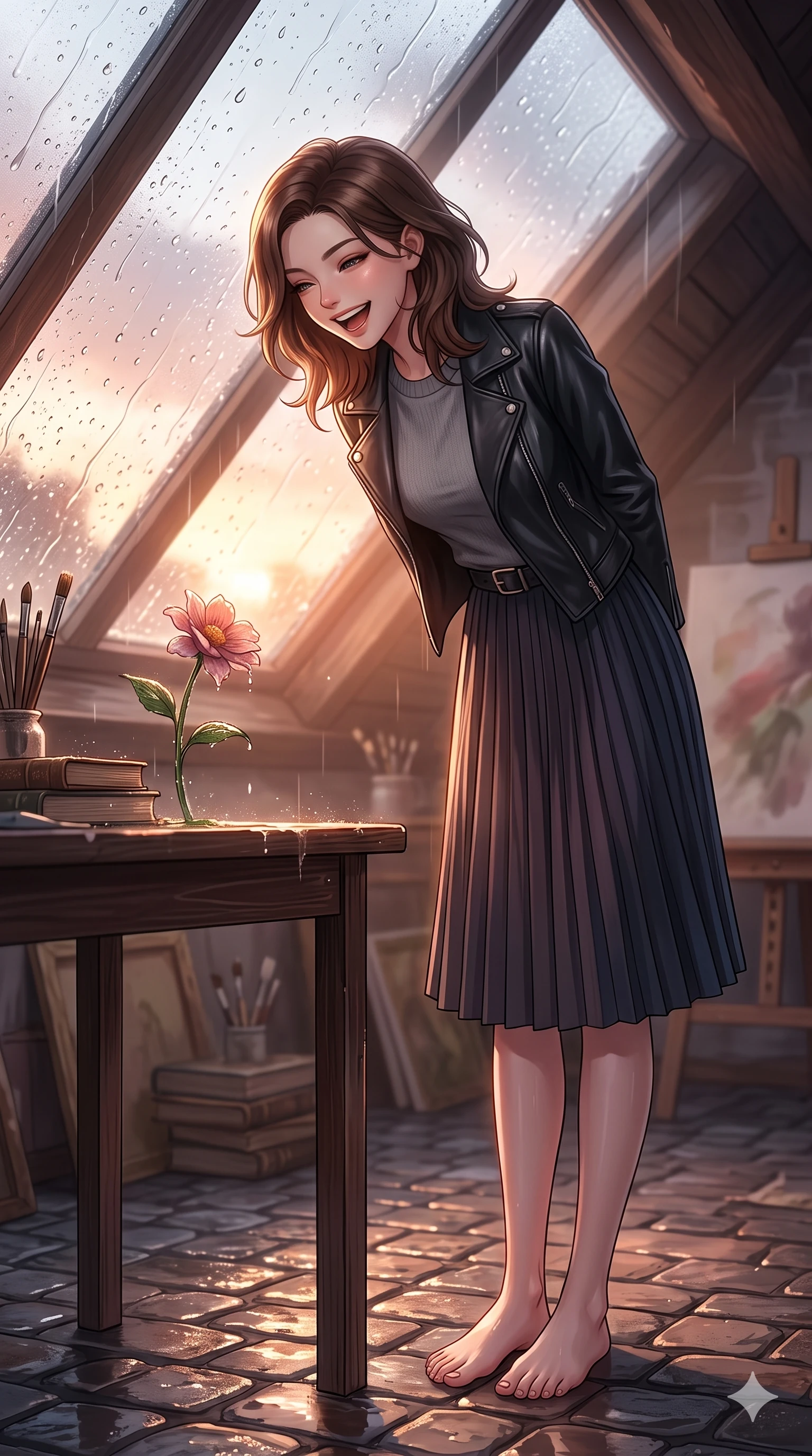 score_9, masterpiece, best quality, ultra-detailed, high-budget anime keyframe, vibrant anime aesthetic, Korean woman. low angle full-body shot from head to toe showing her feet, filling the entire 9:16 vertical frame with her statuesque presence, stretching her vertical silhouette. She is laughing happily while looking down at a blooming rain-drenched flower, her eyes glowing with lively energy with a gentle tilt of her head. inside a cozy attic studio with a large skylight pane covered in sliding rain droplets, bathed in soft warm light (Code-P22-014). She has an absolutely perfect 8-heads proportion, an exceptionally tall and slender female figure with impossibly long slender legs and an ultra-slim waist. V-shaped jawline, high-bridge nose, intricate jewel-like eyes with depth, thick eyelashes, glossy lips with a natural sheen. wearing a sleek black leather jacket over a grey crewneck sweater and a pleated midi skirt with an elegant leather belt. She is bathed in glowing sunset light reflecting off wet cobblestones, creating a warm, inviting, and atmospheric glow in the rainy afternoon. 2k, ultra detail, master piece, 9:16 ratio