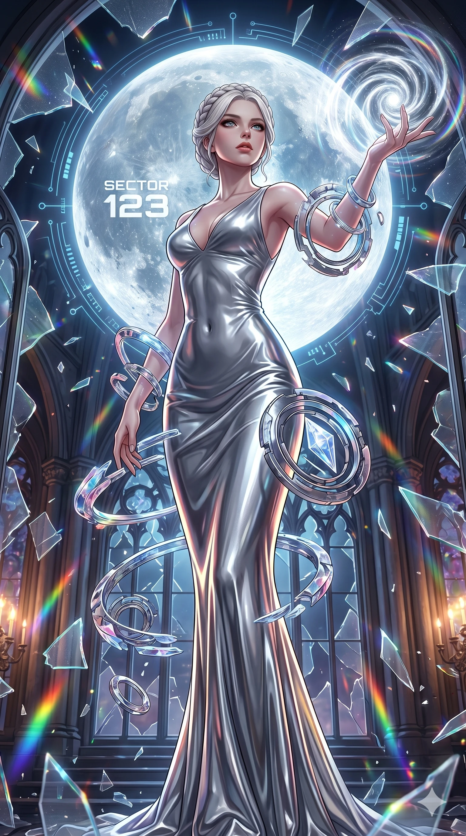 score_9, masterpiece, best quality, ultra-detailed, Set A: High-budget Anime Keyframe, Japanese woman. Low angle cowboy shot filling the entire 9:16 frame with her statuesque presence. Casting a spell through a shattered glass cathedral, with a massive holographic moon rising behind her marked as sector 123 and surrounded by shattered glass fragments. She has an absolutely perfect 8-heads proportion, an exceptionally tall and slender female figure with impossibly long slender legs and an ultra-slim waist. Sharp v-shaped jawline, high-bridge nose, intricate jewel-like eyes with depth, thick eyelashes, glossy lips with a natural sheen. Wearing Molten silver texture dress with a sharp V-neckline and floating mechanical rings. Cinematic lighting, vibrant colors, dramatic shadows, 2k, ultra detail, master piece, 9:16 ratio