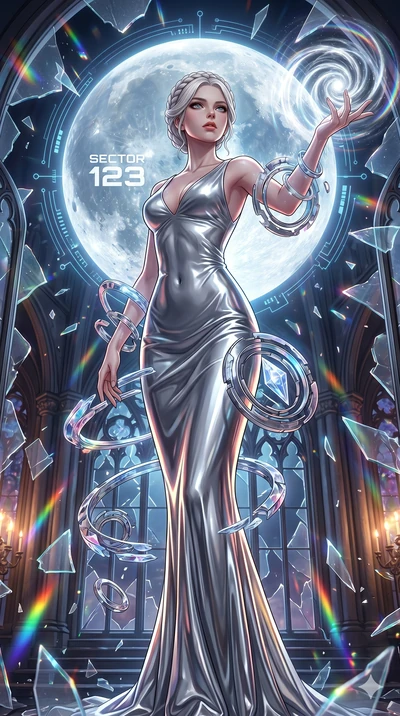score_9, masterpiece, best quality, ultra-detailed, Set A: High-budget Anime Keyframe, Japanese woman. Low angle cowboy shot filling the entire 9:16 frame with her statuesque presence. Casting a spell through a shattered glass cathedral, with a massi