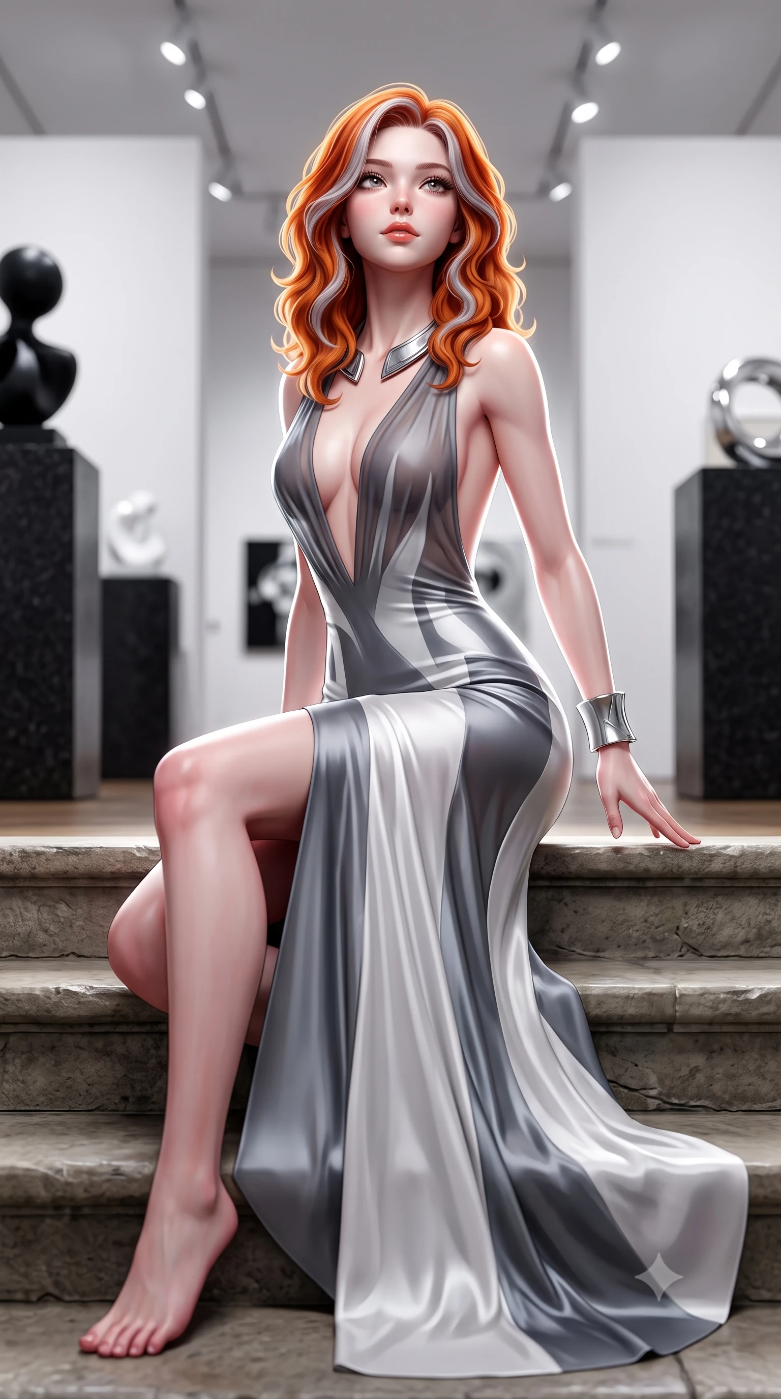 score_9, masterpiece, best quality, ultra-detailed, high-budget anime keyframe, semi-realistic 3D game render, editorial fashion photography, tasteful artistic composition, Caucasian woman. low angle full-body shot from head to toe showing her feet, filling the entire 9:16 vertical frame with her statuesque presence, stretching her vertical silhouette. sitting poised on the stone steps with one knee bent, arching her spine with supermodel elegance as she glances upward through thick eyelashes while twisting her slender torso in an alluring contrapposto stance, stark museum track lights tracing her narrow waist, midriff, and hips. The background shows a soft-focus towering white gallery walls, monumental black granite plinths, and distant avant-garde art installations blurred into matte black, optic white, and silver bokeh. She has an absolutely perfect, statuesque 8.5-heads proportion, an exceptionally tall and slender model-like female figure with impossibly long slender legs, an ultra-slim waist, a flat toned midriff, narrow delicate ribcage, and beautifully sculpted feminine hips creating a graceful, slim hourglass silhouette without any bulky heaviness. sharp v-shaped jawline, high-bridge nose, sparkling eyes with hypnotic seductive depth, thick curled eyelashes, glossy parted lips with a natural dewy peach sheen, alluring bedroom-eyes with an enchanting coquettish smile, exuding magnetic siren charisma and sophisticated glamour, flawlessly proportioned anatomical accuracy, strict slender model proportions, natural body alignment, perfectly sculpted long slender limbs, ultra-slim waistline, clean dynamic posture without body distortion. wearing a deep V-neck sheer gossamer chiffon vampire dress with an open-back scoop and dramatic flowing side leg slit in architectural titanium grey and pure milk white, crafted from fluid liquid silk satin that clings smoothly to every curve with a dewy sheen, finished with a sculptural silver torque collar and a matching wide architectural wrist cuff, the precision-cut side openings and low-back scoop framing her graceful spine and the sensual sweep of her slim, toned hips. illuminated by floor bounce fill and sharp high-contrast white rim lights sculpting her jawline, flat midriff, and voluptuous hip curves. highly saturated vibrant anime colors, detailed shading with soft gradients, rich glossy textures, high-contrast stereoscopic depth, volumetric dynamic lighting, master piece, 9:16 ratio