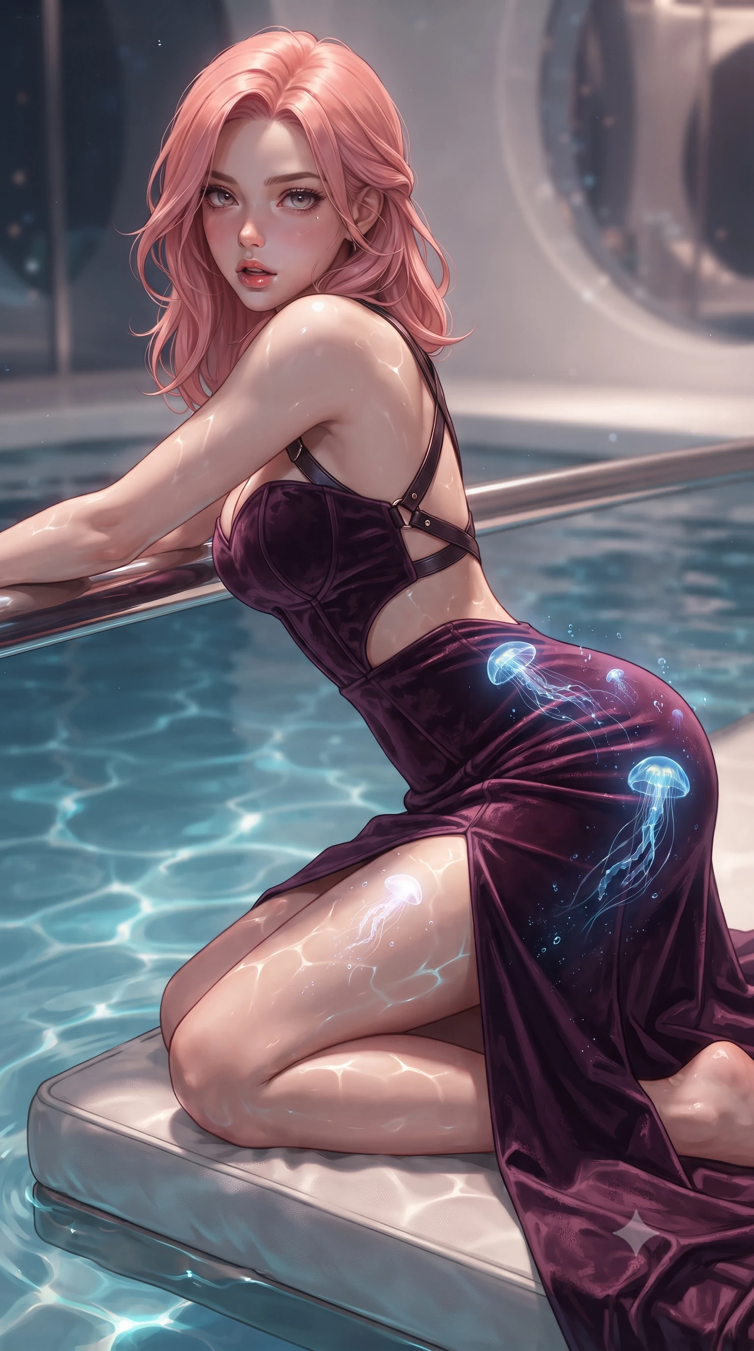 score_9, masterpiece, best quality, ultra-detailed, high-budget anime keyframe, editorial fashion photography, tasteful artistic composition, Japanese woman. close-up cowboy shot from the waist and thighs up, the character dominates the composition, filling the frame with her large presence. leaning forward against the polished railing with her hips cocked back, creating an intoxicating curve from her narrow waist to sculpted hips as she gazes back into the lens while reclining languidly on a floating aquatic daybed with one knee bent, water ripples and bioluminescent jellyfish lights tracing her curvy hips. The composition keeps background elements in soft focus with creamy bokeh. submerged water caustics and curved acrylic wall reflections softened in romantic shallow focus. She has an exceptionally elegant, slender, and willowy female figure with an ultra-slim waist, flat toned midriff, narrow ribcage, and sculpted feminine hips creating an alluring, slim hourglass silhouette without bulk. sharp v-shaped jawline, high-bridge nose, intricate jewel-like eyes with depth, thick eyelashes, glossy parted lips with a natural sheen, intensely captivating and seductive bedroom-eyes expression, flawlessly proportioned anatomical accuracy, strict slender model proportions, natural body alignment, perfectly sculpted long slender limbs, ultra-slim waistline, clean dynamic posture without body distortion. wearing a deep sweetheart neckline crushed velvet corseted ballgown with an exposed midriff cutout in deep plum violet and antique bronze, tailored from water-resistant treated wool gabardine and flexible stretch silk, featuring an open-back criss-cross harness strap in dark leather, the glove-like aerodynamic silhouette tightly following the natural contour of her hips and long slender legs with statuesque 8.5-heads elegance. illuminated by shimmering pool water caustics accentuating her bare collarbones, slender waist, and curvy hips. ultra-reflective glossy finish, specular highlights, rich textural contrasts, high-contrast stereoscopic depth, volumetric dynamic lighting, 2k, ultra detail, master piece, 9:16 ratio