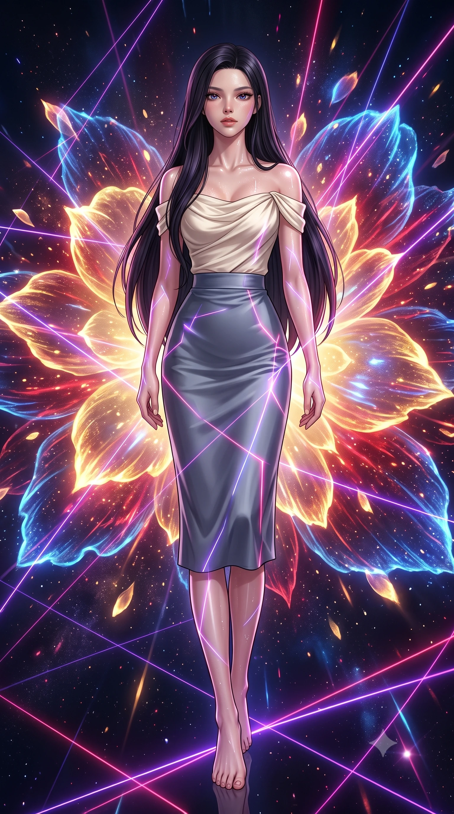 score_9, masterpiece, best quality, ultra-detailed, high-budget anime keyframe, editorial fashion photography, tasteful artistic composition, Korean woman. low angle full-body shot from head to toe showing her feet, filling the entire 9:16 vertical frame with her statuesque presence, stretching her vertical silhouette. navigating with fluid motion through witnessing the controlled explosion of a dying star whose energy releases in breathtaking slow-motion petals of pure light each layer peeling away in expanding shells of gold crimson and electric blue. She has a statuesque 8.5-heads proportion, an exceptionally tall, slender and willowy model-like build with impossibly long legs and a highly sculpted ultra-slim waist. sharp v-shaped jawline, high-bridge nose, intricate jewel-like eyes with depth, thick eyelashes, glossy lips with a natural sheen. wearing a draped off-shoulder top in cream silk, tucked into a high-waisted slate grey satin midi skirt. laser lines of violet and hot pink reflecting off surfaces casting geometric neon highlights. 2k, ultra detail, master piece, 9:16 ratio