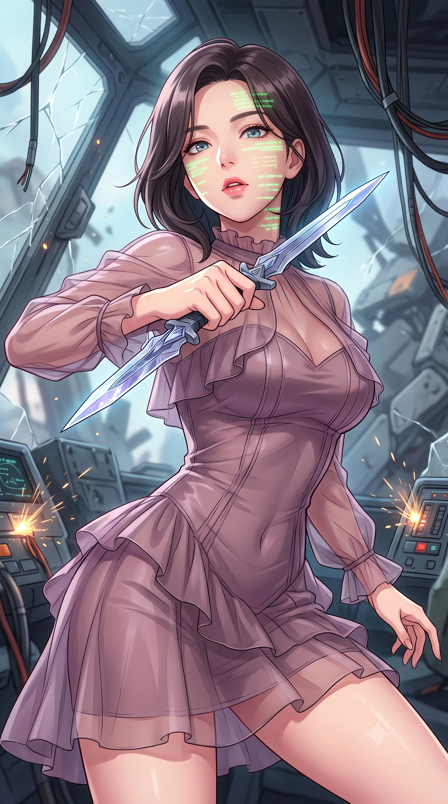 score_9, masterpiece, best quality, ultra-detailed, high-budget anime keyframe, editorial fashion photography, tasteful artistic composition, Korean woman. close-up cowboy shot from the waist and thighs up, the character dominates the composition, filling the frame with her large presence, background elements kept in soft focus. pointing a crystal-edged laser dagger forward in a defensive stance, tilting her chin up slightly with lips parted in a composed pose, the background shows a soft-focus the cockpit of a crashed colossal mech with cracked glass and exposed wire bundles. She has an exceptionally elegant, slender, and willowy female figure with an ultra-slim waist, a gracefully sculpted slender torso, and a refined silhouette. sharp v-shaped jawline, high-bridge nose, intricate jewel-like eyes with depth, thick eyelashes, glossy lips with a natural sheen. wearing a body-hugging sheer organza dress in dusty mauve, showing her slender torso and willowy silhouette. flickering green cockpit telemetry lights projecting code lines on her face. highly saturated vibrant anime colors, detailed shading with soft gradients, rich glossy textures, high-contrast stereoscopic depth, volumetric dynamic lighting, master piece, 9:16 ratio