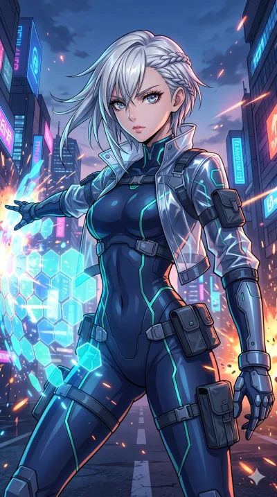 score_9, masterpiece, best quality, ultra-detailed, High-budget Anime Keyframe, beautiful Japanese anime girl. Upper body close-up from the thighs up, character filling the screen for maximum presence. Summoning a shield made of hexagonal energy tile