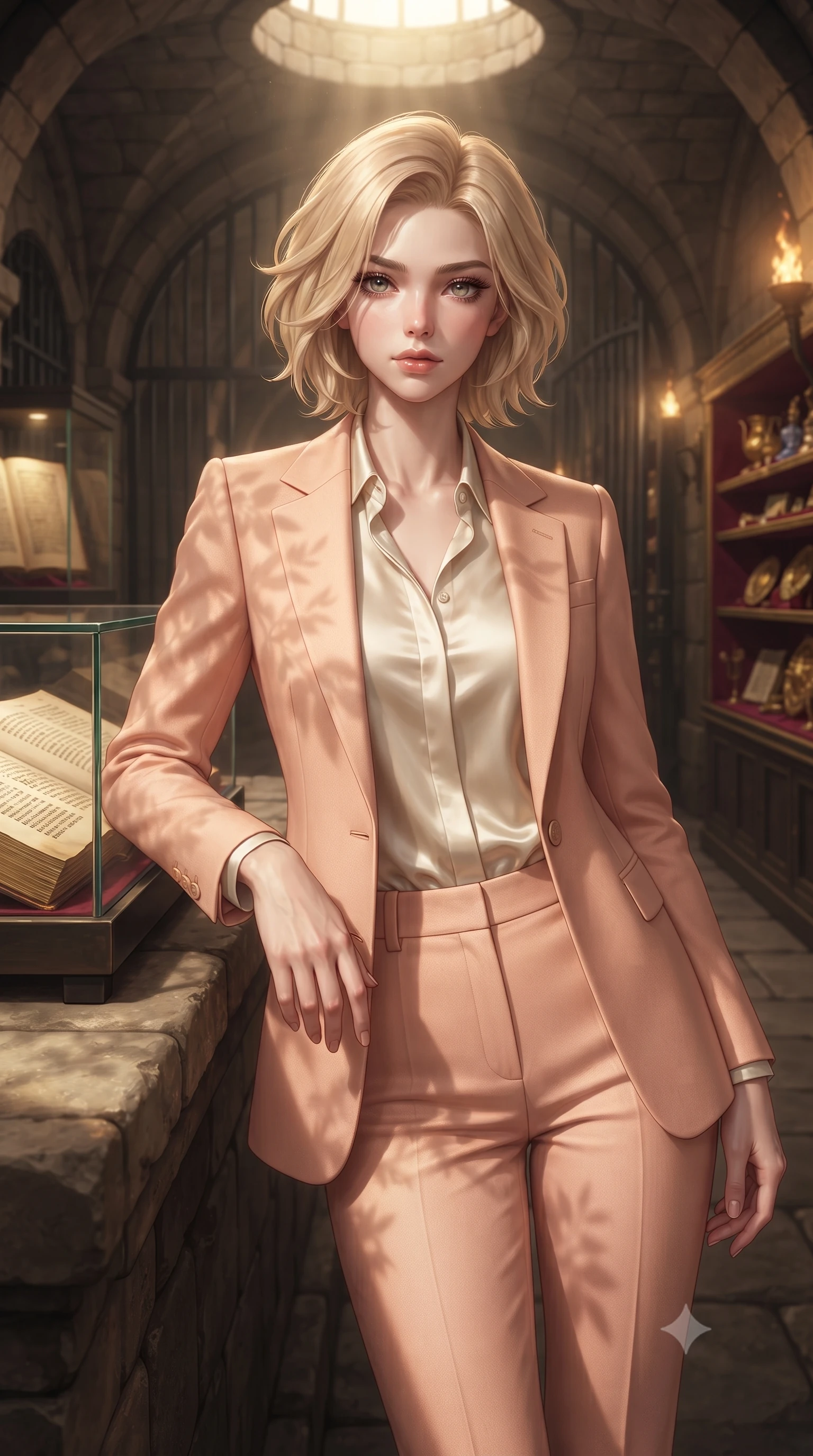 score_9, masterpiece, best quality, ultra-detailed, high-budget anime keyframe, editorial fashion photography, tasteful artistic composition, Caucasian woman, strictly human ears. close-up cowboy shot from the waist and thighs up, the character dominates the composition, filling the frame with her large presence, background elements kept in soft focus. Resting one arm elegantly against a surface with a poised relaxed stance. set against a soft-focus background of a subterranean vault with arched stone ceilings and heavy iron gates walls lined with ancient illuminated manuscripts under glass and gold artifacts gleaming on velvet-lined shelves stretching into torch-lit darkness. She has an exceptionally elegant and slender, willowy female figure with an ultra-slim waist, a gracefully sculpted slender torso, and a refined slim physique. sharp v-shaped jawline, high-bridge nose, intricate jewel-like eyes with depth, thick eyelashes, glossy lips with a natural sheen. wearing a tailored pastel peach pantsuit with a single button, worn over a cream silk blouse. warm golden afternoon sunbeams casting soft organic leaf shadows across her skin. 2k, ultra detail, master piece, 9:16 ratio
