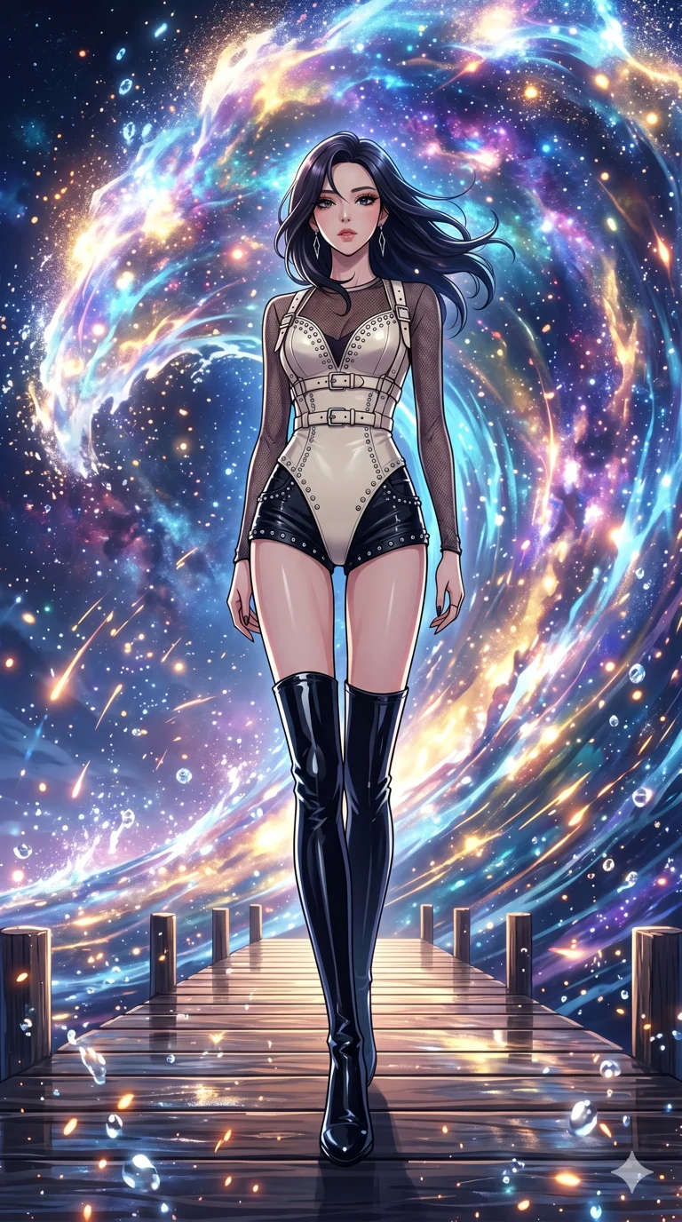 score_9, masterpiece, best quality, ultra-detailed, High-budget Anime Keyframe, beautiful Korean anime girl. Low angle cowboy shot filling the entire 9:16 frame with her overwhelming presence. Standing on a pier as a giant wave of light crashes behind her in a cosmic ocean. She has an absolutely perfect 8-heads proportion, an exceptionally tall and slender female figure with impossibly long slender legs and an ultra-slim waist. Sharp v-shaped jawline, high-bridge nose, intricate jewel-like eyes with depth, thick eyelashes, glossy lips with a natural sheen. Wearing a K-Idol Stage outfit: ivory leather harness over mesh, high-cut bodysuit, studded micro-shorts, thigh-high patent boots. Background is a bright and colorful environment with cinematic lighting, dynamic particle effects, and high-contrast shadows. 2k, ultra detail, master piece, 9:16 ratio