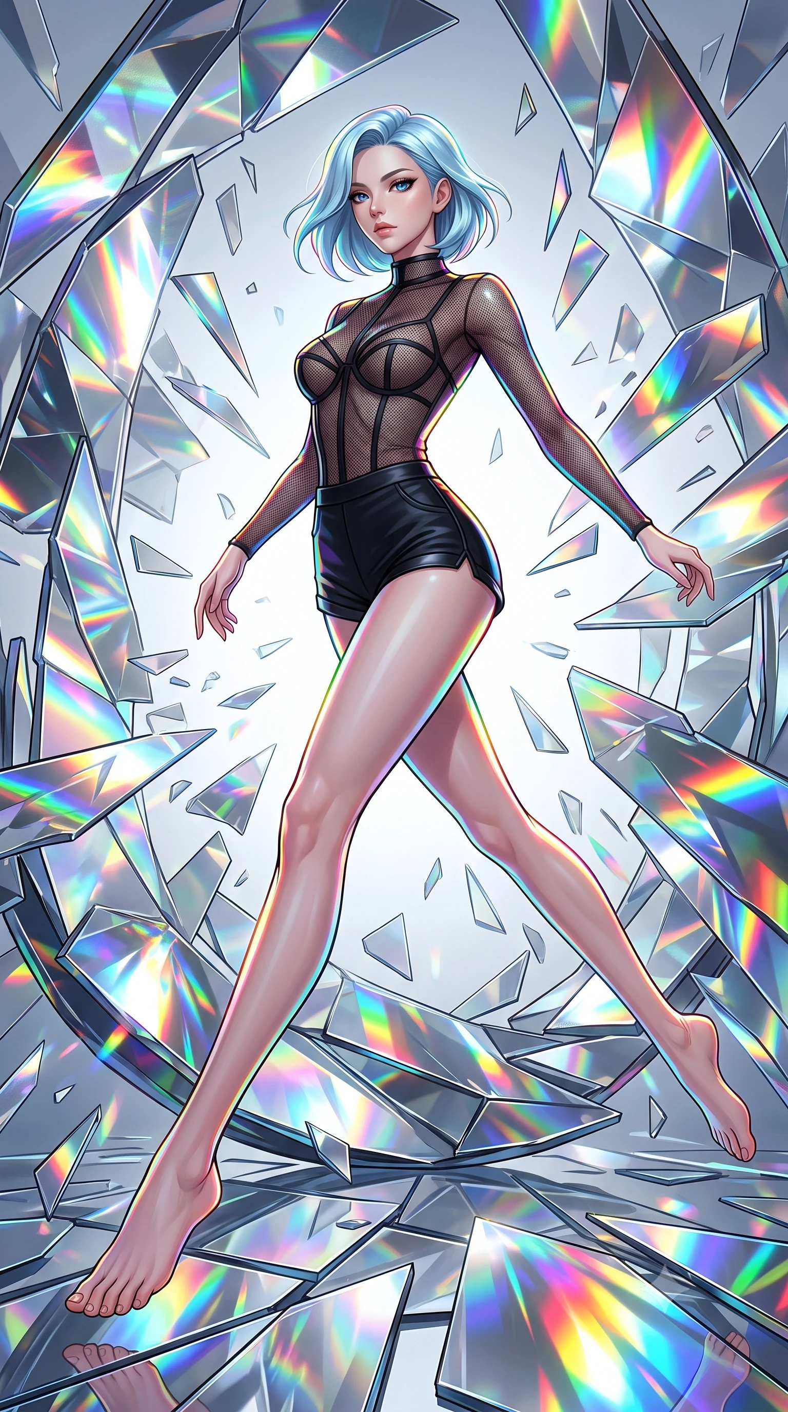 score_9, masterpiece, best quality, ultra-detailed, high-budget anime keyframe, editorial fashion photography, tasteful artistic composition, Korean woman. low angle full-body shot from head to toe showing her feet, filling the entire 9:16 vertical frame with her statuesque presence, stretching her vertical silhouette. leaping gracefully through the environment with statuesque elegance and long slender legs surrounded by rotating shattered mirror sculptures reflecting bright acrylic colors, shattered mirror shards scattering brilliant rainbow reflections everywhere. She has an absolutely perfect, statuesque 8.5-heads proportion, an exceptionally tall and slender model-like female figure with impossibly long slender legs and an ultra-slim waist. sharp v-shaped jawline, high-bridge nose, intricate jewel-like eyes with depth, thick eyelashes, glossy lips with a natural sheen. wearing a delicate see-through mesh top with structured cup boning paired with micro-shorts, the elegant draped fit framing her graceful clavicle and slender torso. drenched in bright white key light with colorful prismatic rim lighting. highly saturated vibrant anime colors, detailed shading with soft gradients, rich glossy textures, high-contrast stereoscopic depth, volumetric dynamic lighting, master piece, 9:16 ratio
