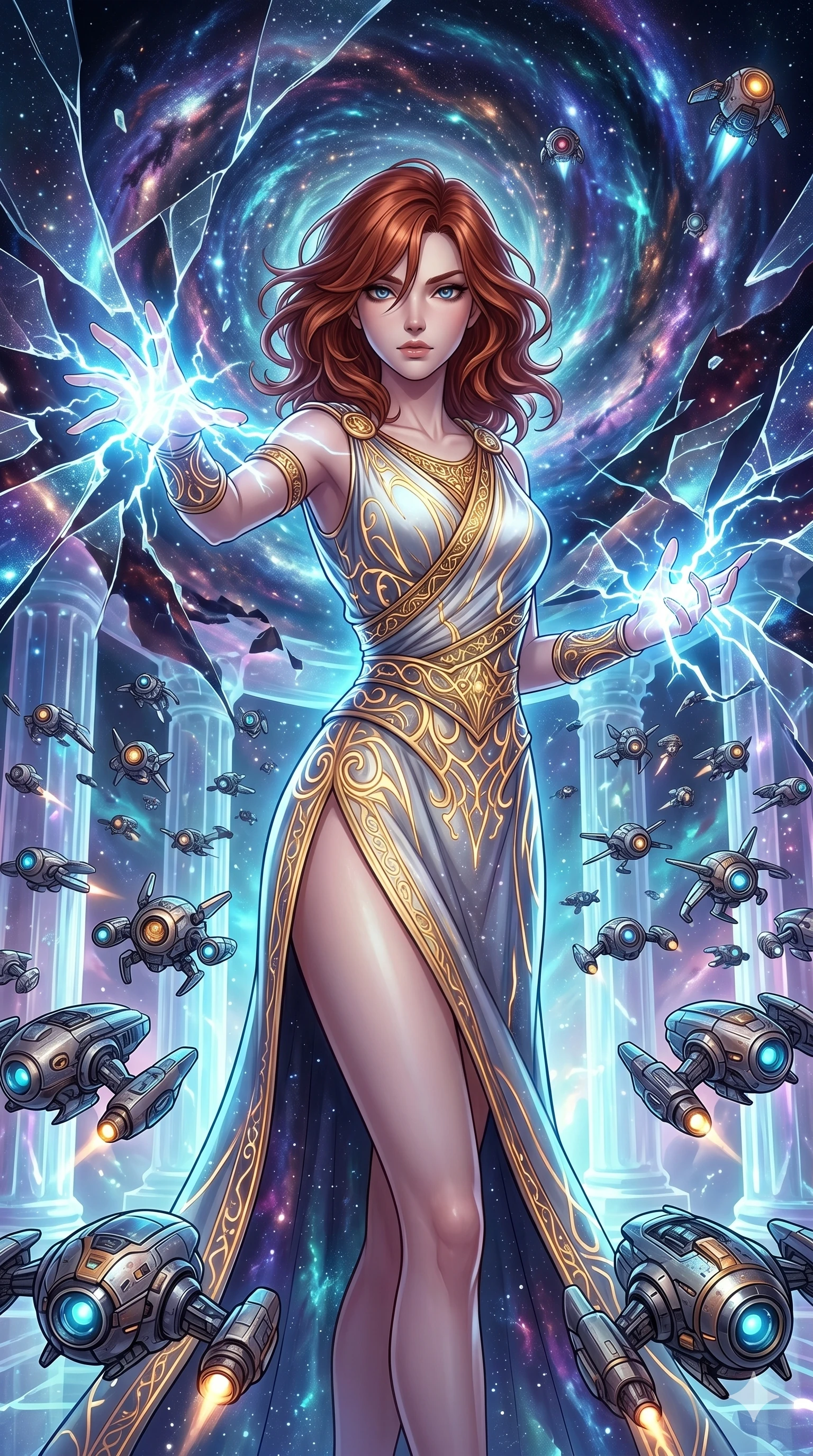 score_9, masterpiece, best quality, ultra-detailed, Set A: High-budget Anime Keyframe, Caucasian (human ears) woman. Upper body close-up from the thighs up, character filling the screen for maximum presence. Theme: Abstract Cosmic. shattering the fabric of reality in a temple made of solid light, surrounded by 149 hovering guardian drones. The atmosphere is filled with a swirling vortex of stars. She has an absolutely perfect 8-heads proportion, an exceptionally tall and slender female figure with impossibly long slender legs and an ultra-slim waist. Sharp v-shaped jawline, high-bridge nose, intricate jewel-like eyes with depth, glossy lips. Wearing Ancient Roman-style tech-toga with glowing gold filigree and a high side slit. Cinematic lighting, vivid colors, dramatic shadows, 2k, ultra detail, master piece, 9:16 ratio