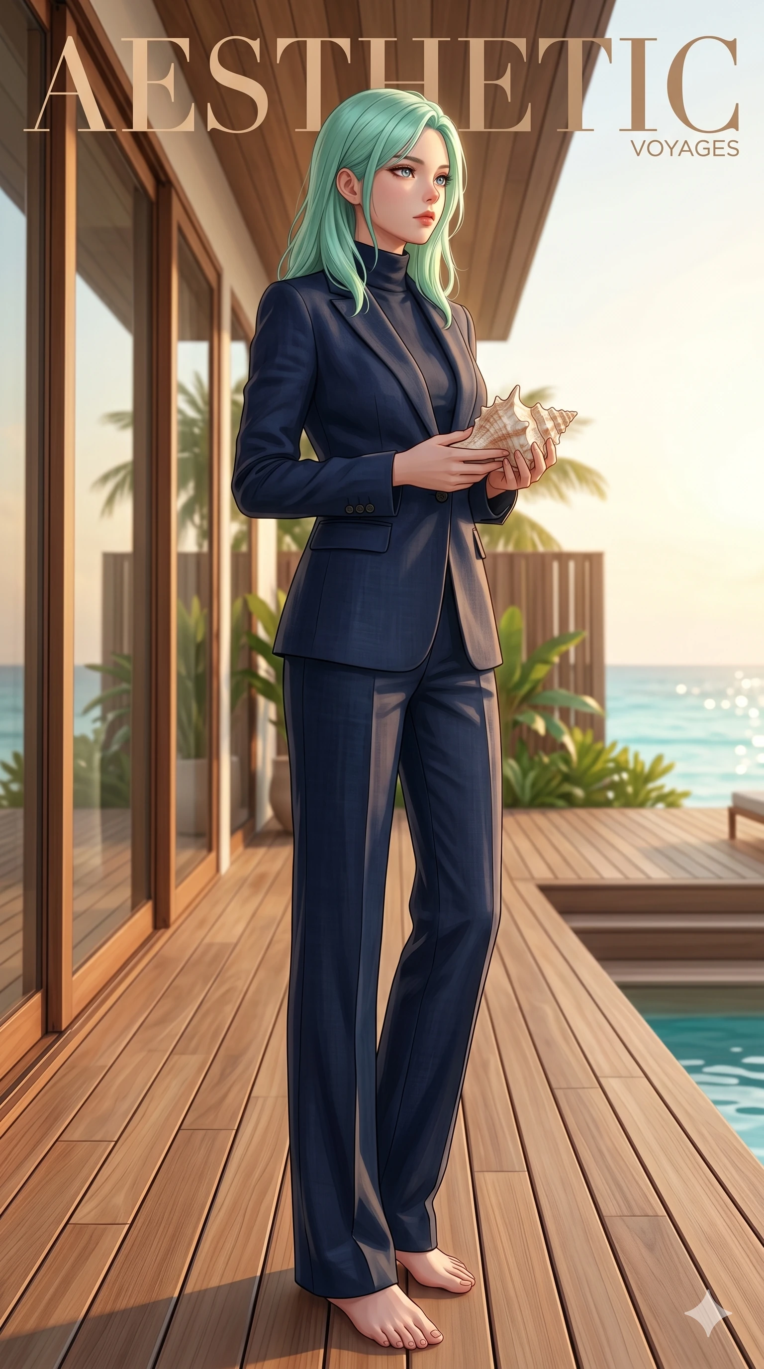 score_9, masterpiece, best quality, ultra-detailed, high-budget anime keyframe, editorial fashion photography, tasteful artistic composition, Japanese woman. low angle full-body shot from head to toe showing her feet, filling the entire 9:16 vertical frame with her statuesque presence, stretching her vertical silhouette. holding a seashell, looking past the camera with a thoughtful, focused expression on a private teak deck of a luxury beach villa with morning sunshine (Code-P19-053). She has an absolutely perfect 8-heads proportion, an exceptionally tall and slender female figure with impossibly long slender legs and an ultra-slim waist. V-shaped jawline, high-bridge nose, intricate jewel-like eyes with depth, thick eyelashes, glossy lips with a natural sheen. wearing a tailored high-neck blazer in navy linen with matching long trousers. soft natural ambient light, creating a calm, glowing atmosphere in the valley. 2k, ultra detail, master piece, 9:16 ratio