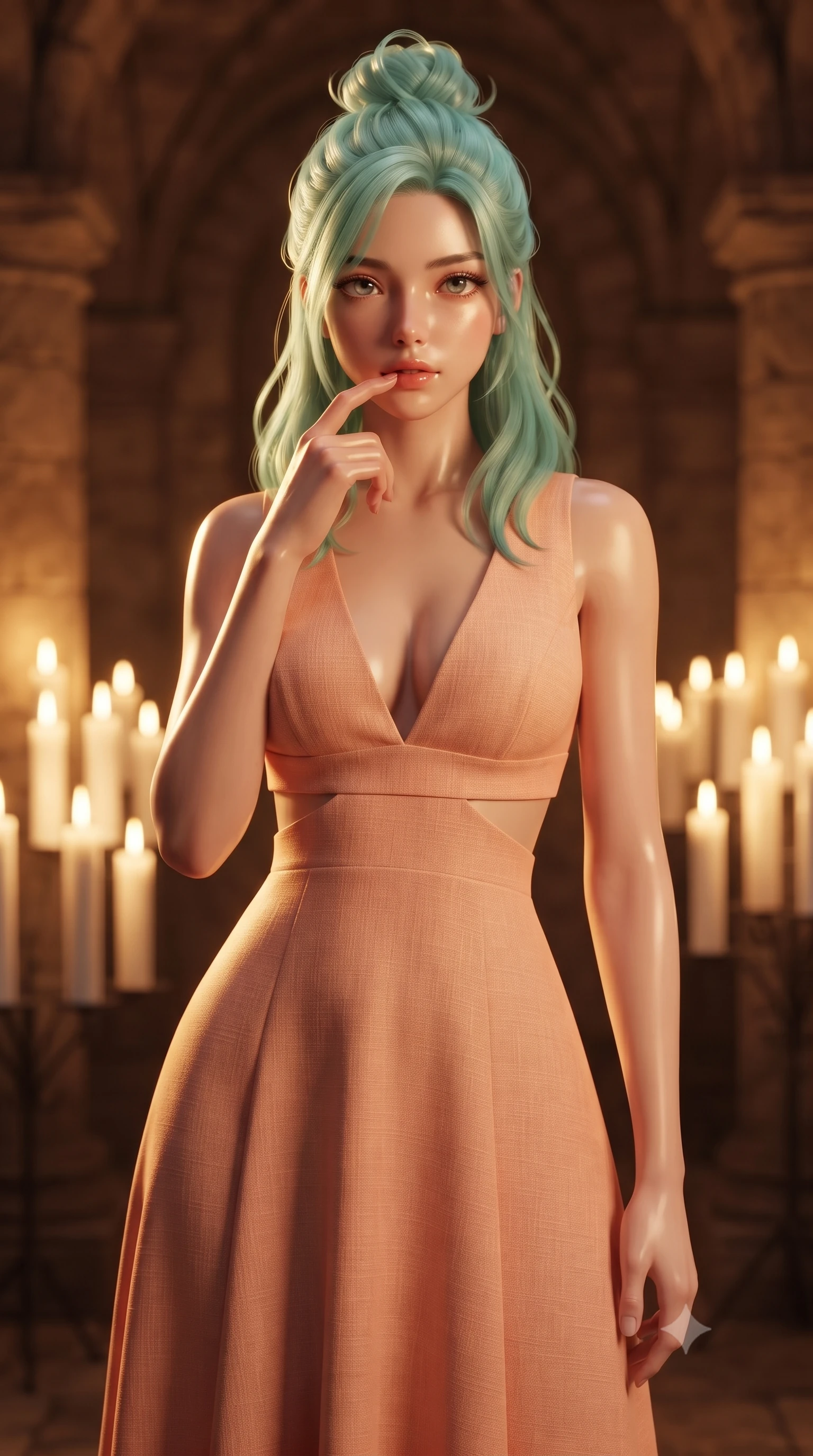 score_9, masterpiece, best quality, ultra-detailed, high-budget anime keyframe, editorial fashion photography, tasteful artistic composition, Japanese woman. close-up cowboy shot from the waist and thighs up, the character dominates the composition, filling the frame with her large presence, background elements kept in soft focus. pressing one finger to her bottom lip in a thoughtful, seductive gesture under the warm sun the background shows a soft-focus an ancient stone crypt hall lined with tall white candles flickering in the draft. She has an exceptionally elegant, slender, and willowy female figure with an ultra-slim waist, a gracefully sculpted slender torso, and a refined silhouette. sharp v-shaped jawline, high-bridge nose, intricate jewel-like eyes with depth, thick eyelashes, glossy lips with a natural sheen. wearing a tailored summer sundress with double waist cutouts and a plunging neckline in peach linen. warm golden candle flames casting soft, dancing shadows. ultra-reflective glossy finish, specular highlights, metallic sheen, high-contrast stereoscopic depth, volumetric dynamic lighting, 2k, ultra detail, master piece, 9:16 ratio