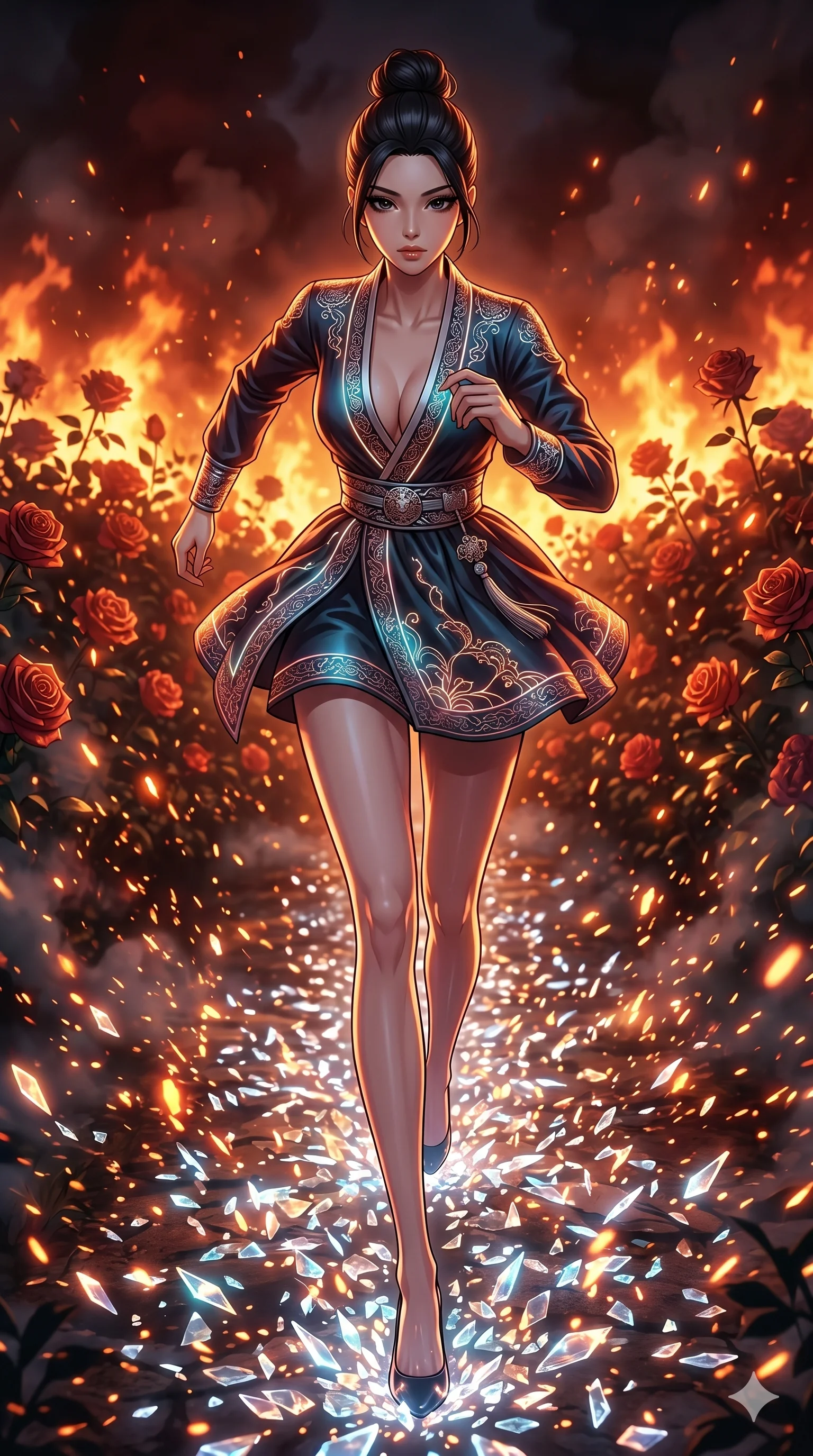 score_9, masterpiece, best quality, ultra-detailed, Set A: High-budget Anime Keyframe, Korean woman. Low angle cowboy shot filling the entire 9:16 frame with her statuesque presence. Sprinting through a burning rose garden, as the ground beneath her turns into 231 shards of light and surrounded by glowing energy sparks. She has an absolutely perfect 8-heads proportion, an exceptionally tall and slender female figure with impossibly long slender legs and an ultra-slim waist. Sharp v-shaped jawline, high-bridge nose, intricate jewel-like eyes with depth, thick eyelashes, glossy lips with a natural sheen. Wearing Deep-plunging silk cyber-hanbok with metallic traditional ornaments and glowing fiber-optic embroidery. Cinematic lighting, vibrant colors, dramatic shadows, 2k, ultra detail, master piece, 9:16 ratio